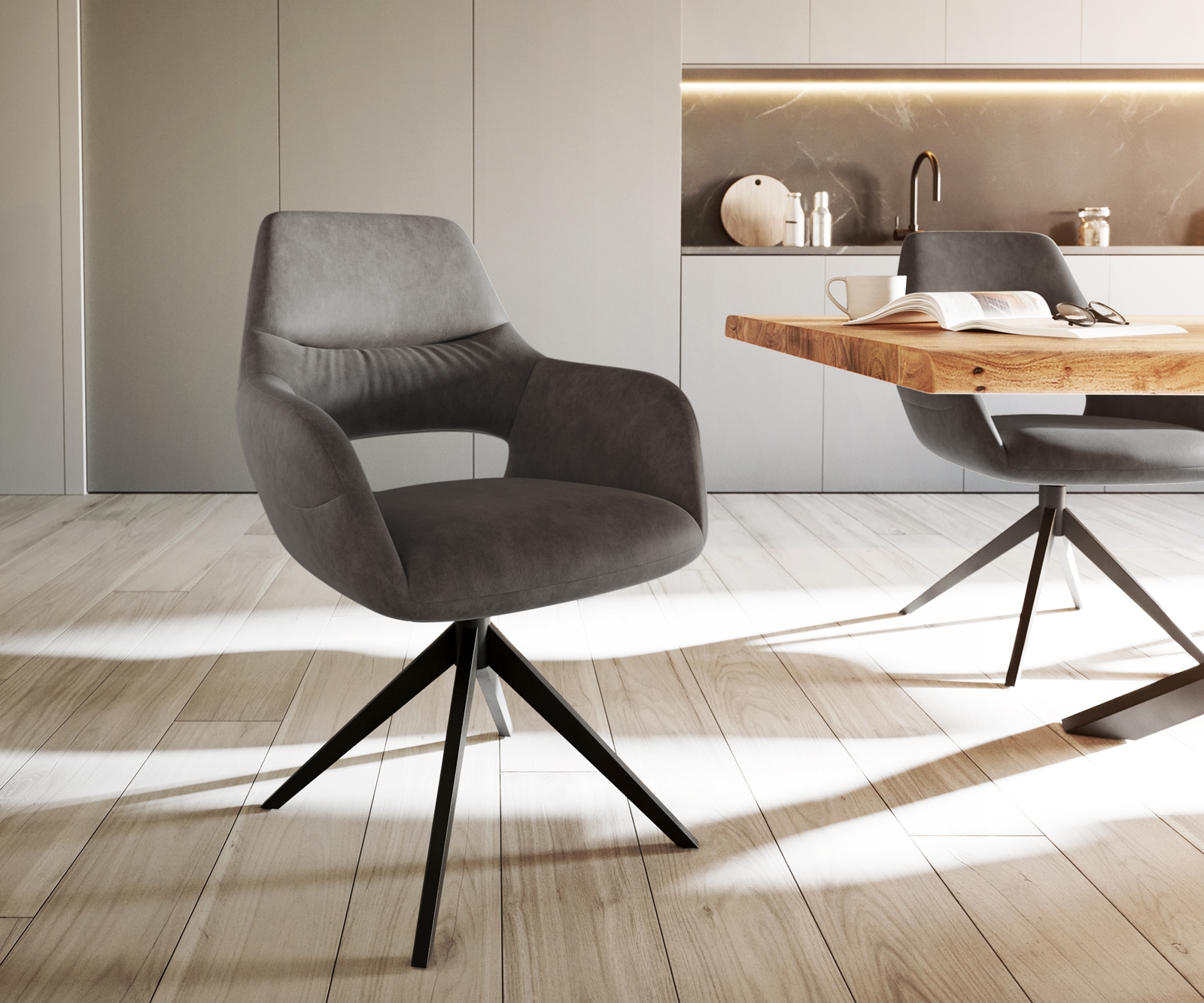 Esszimmerstuhl Yago-Flex mit Armlehnen Mikrofaser Anthrazit Vintage Kreuzgestell breit schwarz Taschenfederkern Esszimmerstuhl Yago-Flex mit Armlehnen Mikrofaser Anthrazit Vintage Kreuzgestell breit schwarz Taschenfederkern