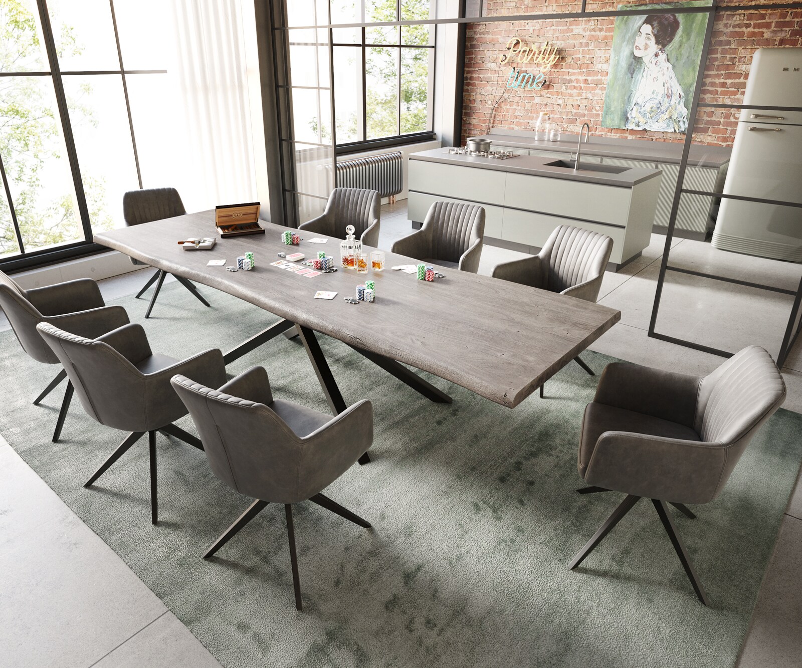 Esstisch Edge 300x100 XL Akazie Platin Kreuzgestell Rechteck Schwarz Live-Edge 5