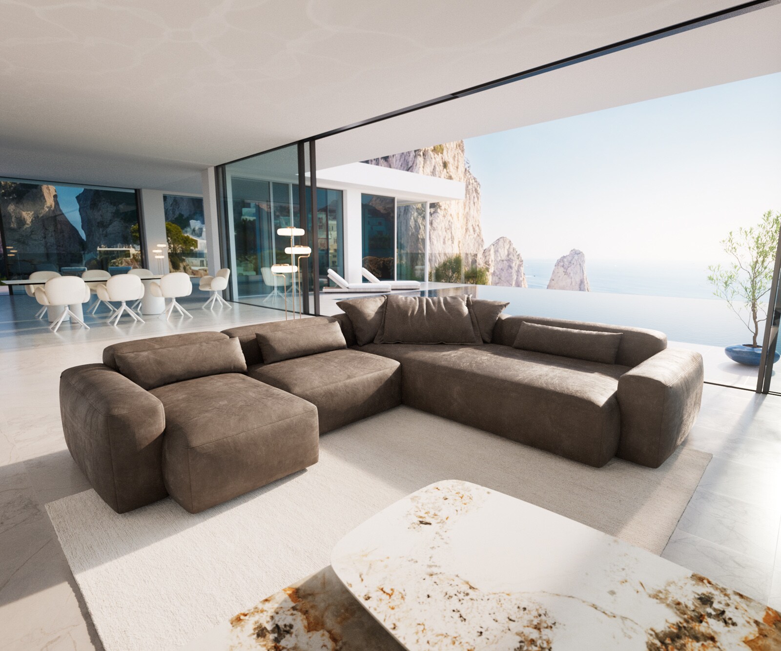 Wohnlandschaft Freestyle 360x290 cm Mikrofaser Taupe Vintage Kappnaht