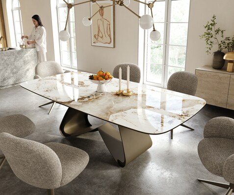 Esstisch Edge Boot 240x120 cm Keramik Minas Melange Weiß-Beige W-Gestell Metall Effektfinish Titan