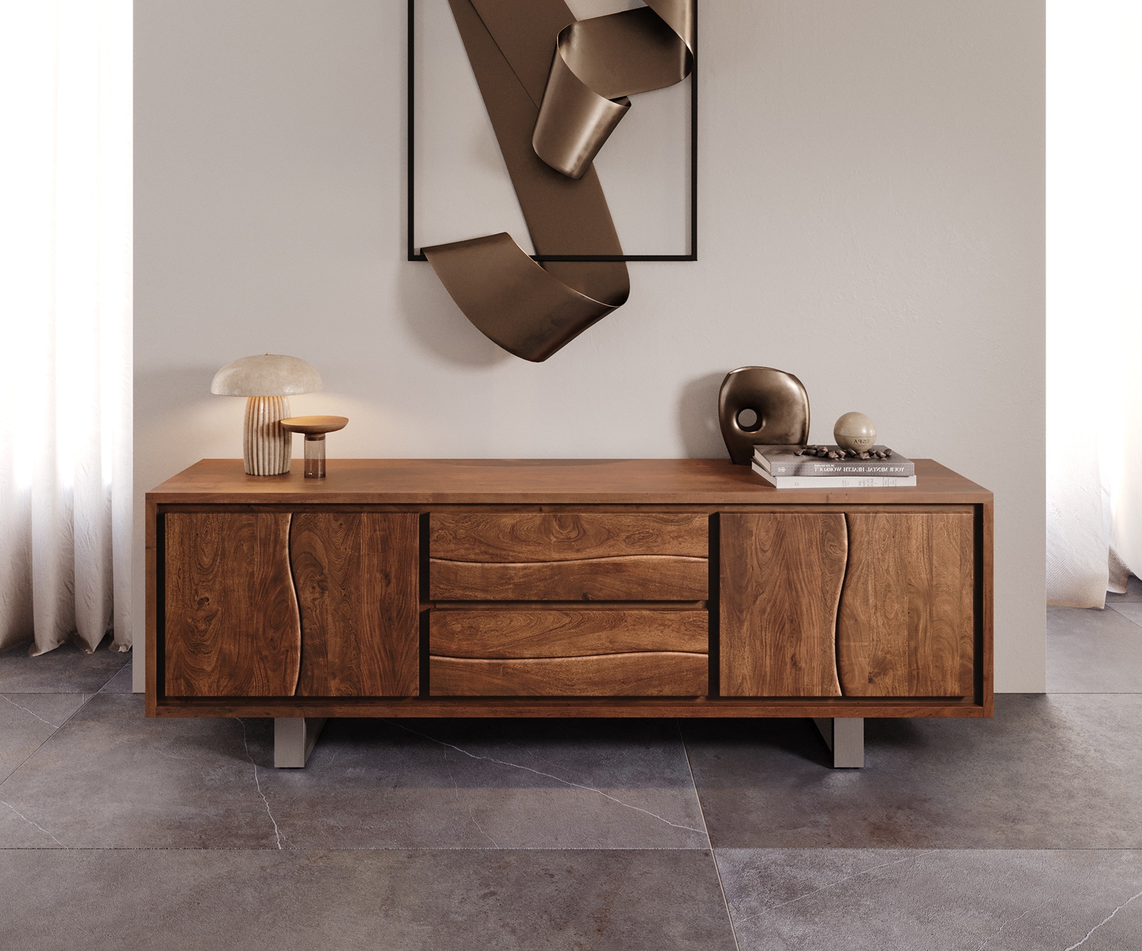 Lowboard Live-Edge 200 cm Akazie Braun 4 Türen 2 Schübe 1 Lowboard Live-Edge 200 cm Akazie Braun 4 Türen 2 Schübe 1