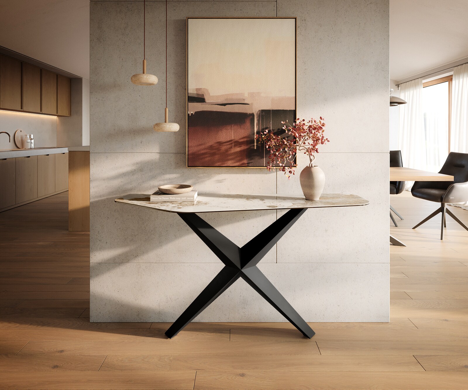 Console Edge Polygonal 140x50 cm Céramique Minas Melange Weiß-Beige Zentharo Métal Noir 4