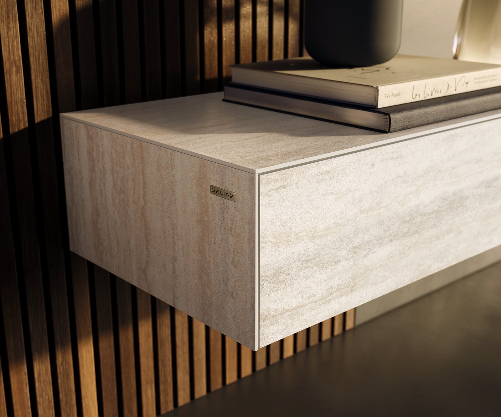 Meuble-TV Cuor 250 cm Céramique Laminam® Travertino Bianco Crème-blanc 1 Clapet 1 Tiroir Flottant 6