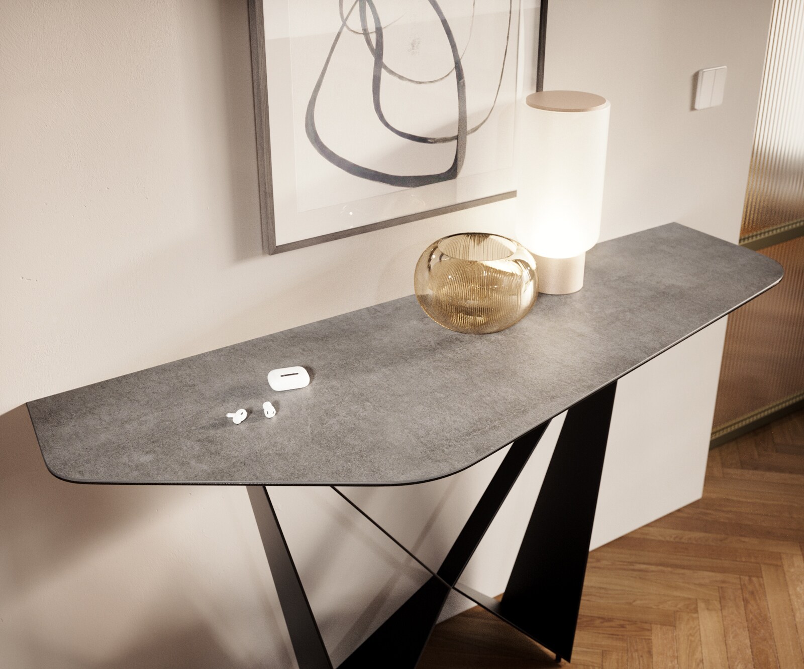 Konsolentisch Edge Polygonal 140x50 cm Keramik Beton Grau Spios Metall Schwarz 5