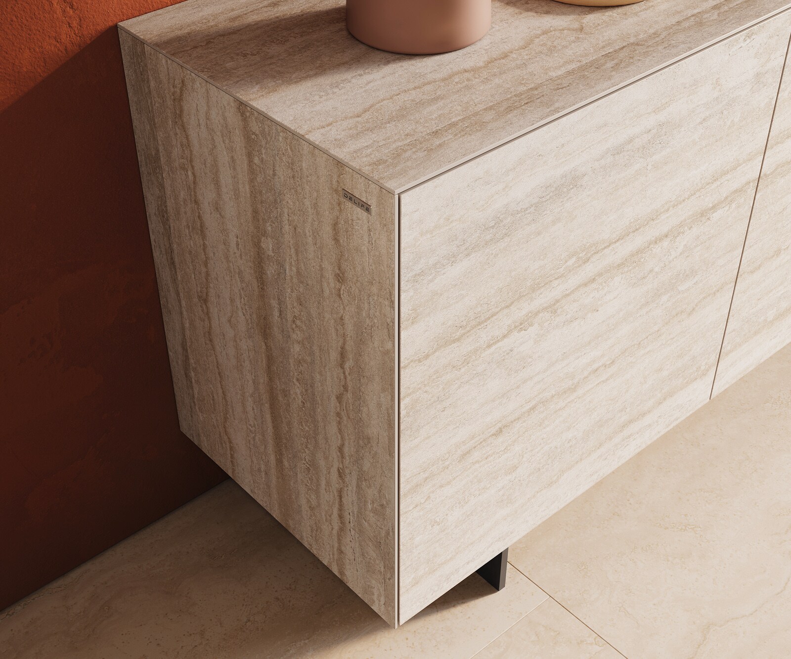 Sideboard Cuor 180 cm Keramik Laminam® Travertino Bianco Creme-Weiß 2 Türen 3 Schubfächer Fuß Schwebeoptik Metall Schwarz 5