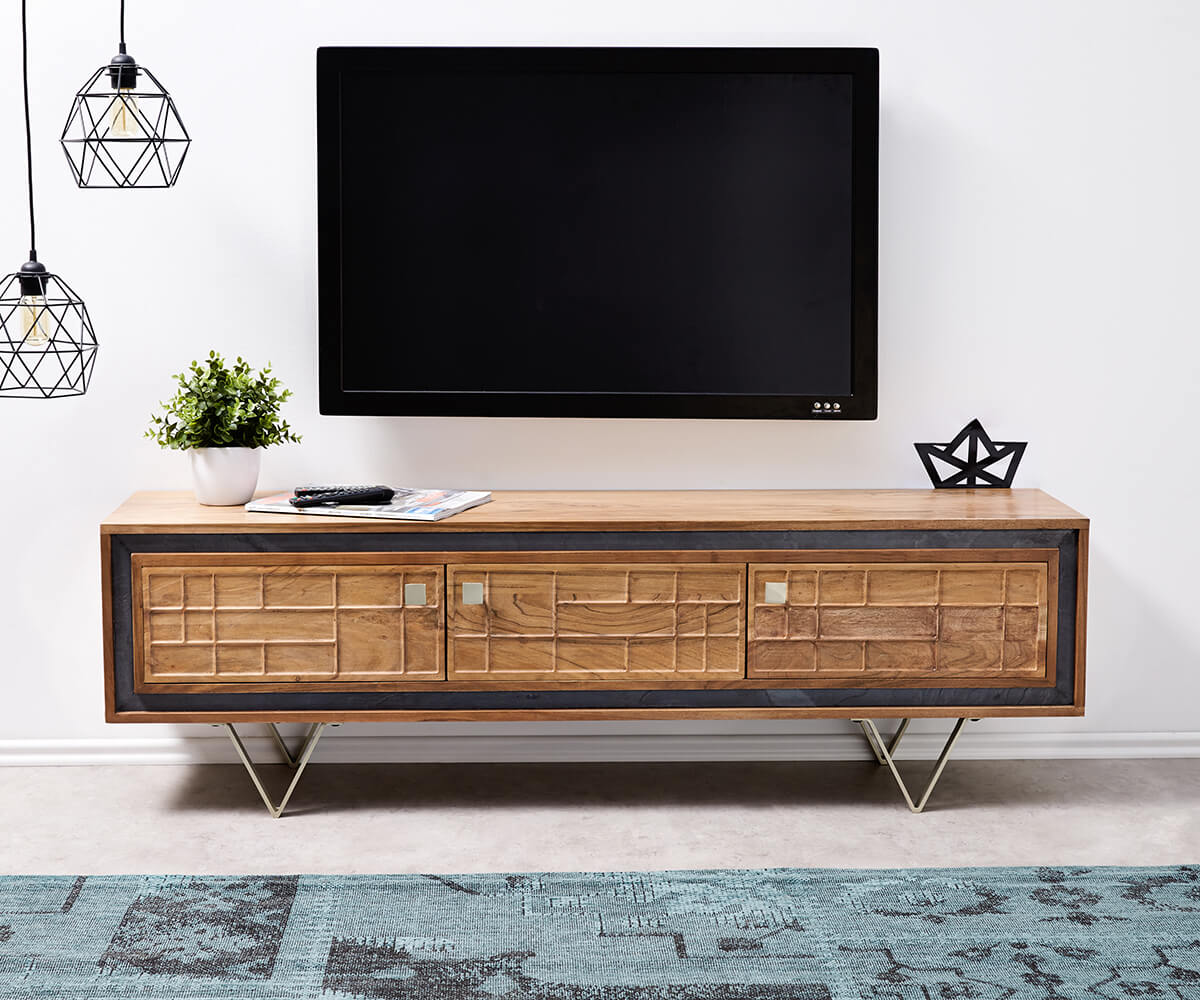Meuble-TV Stonegrace 147 cm acacia nature 3 portes design 1