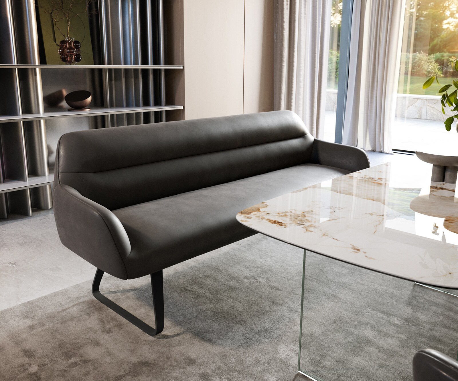 Banc-de-salle-à-manger Taya-Flex 200 cm microfibre antracite vintage châssis à patins plat noir ressort ensaché 1