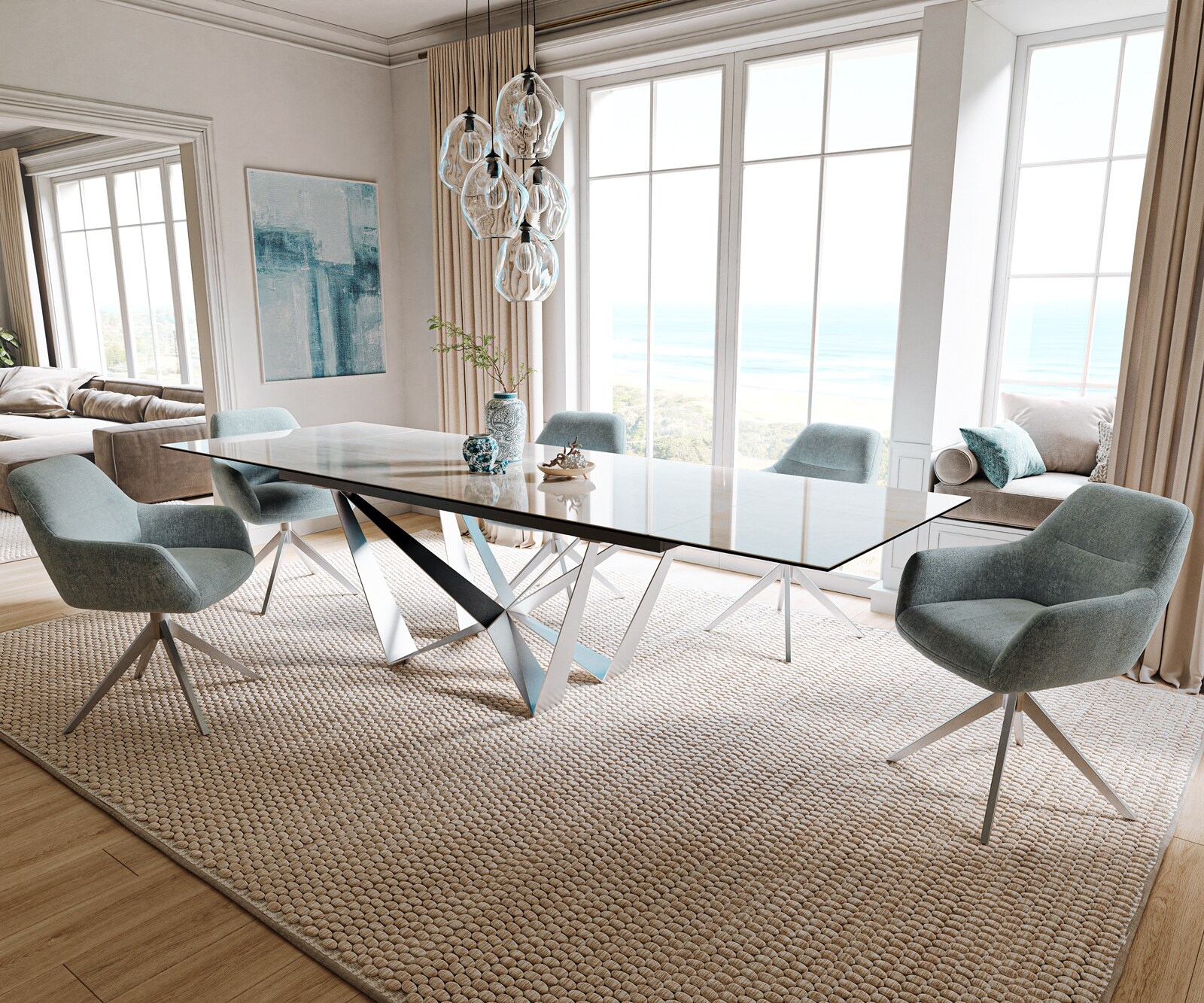 Esstisch Edge 200-300x100 cm Keramik Onyx Champagne Spider Flachstahl Edelstahl ausziehbar 6