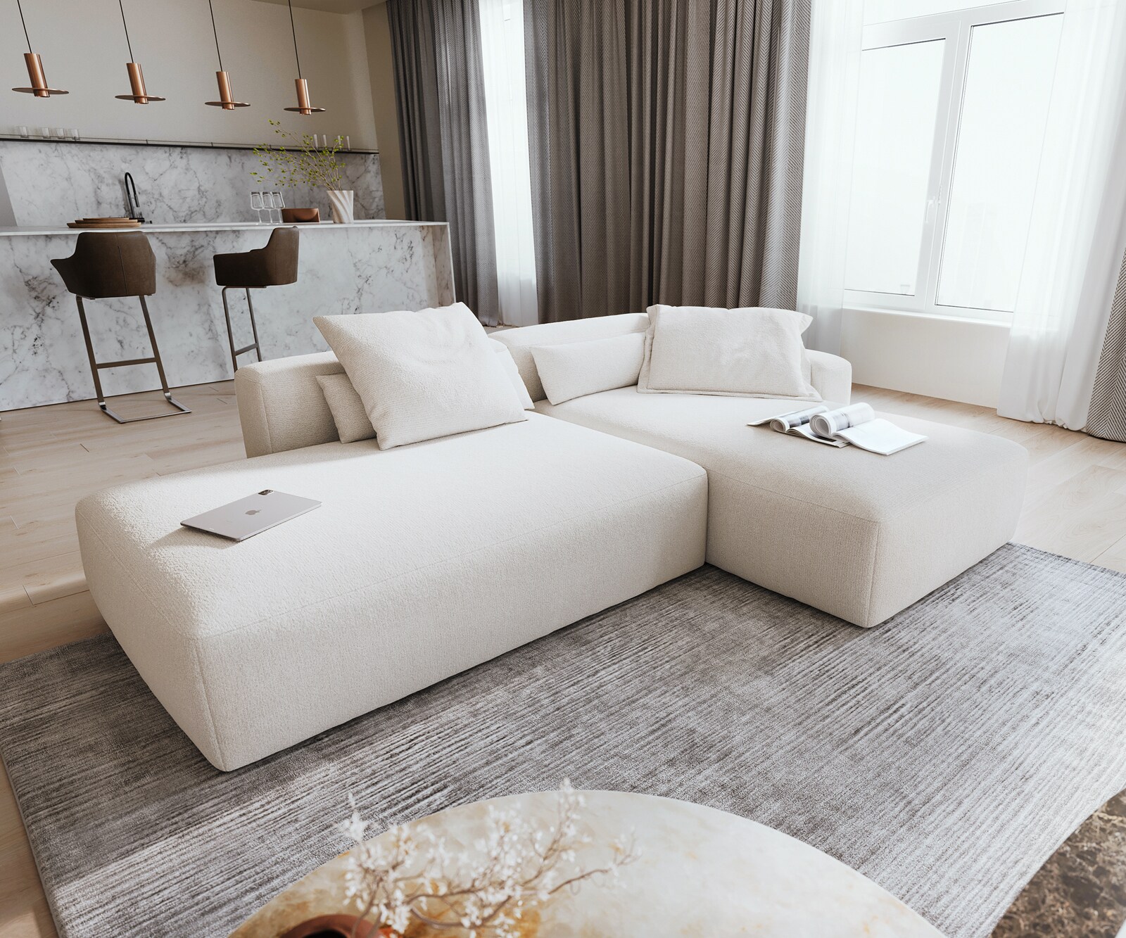 Ecksofa Freestyle 310x200 cm Bouclé Soft Beige Kappnaht 1