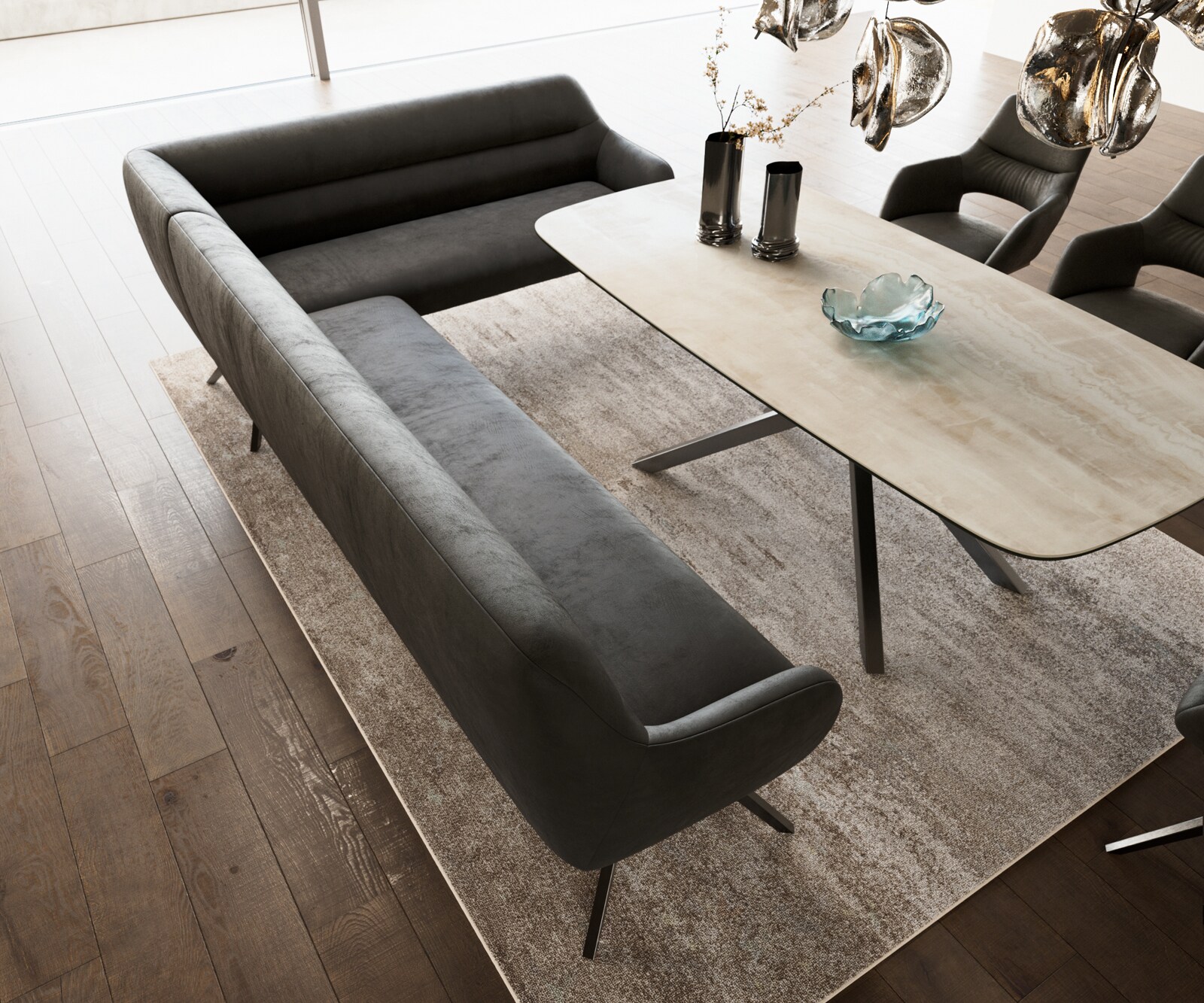 Banc-de-salle-à-manger Taya-Flex 285x190 cm microfibre antracite vintage pied croisé angulaire grafiete ressort ensaché liens 3