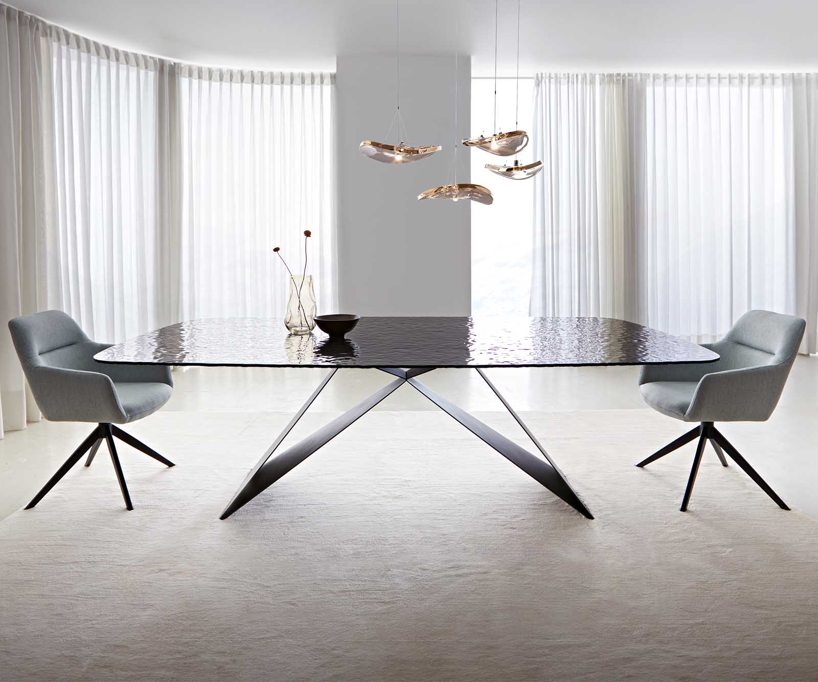 Esstisch Edge Boot 240x120 Reliefglas Rauchschwarz 3D-Design V-Gestell Flachstahl Schwarz 1