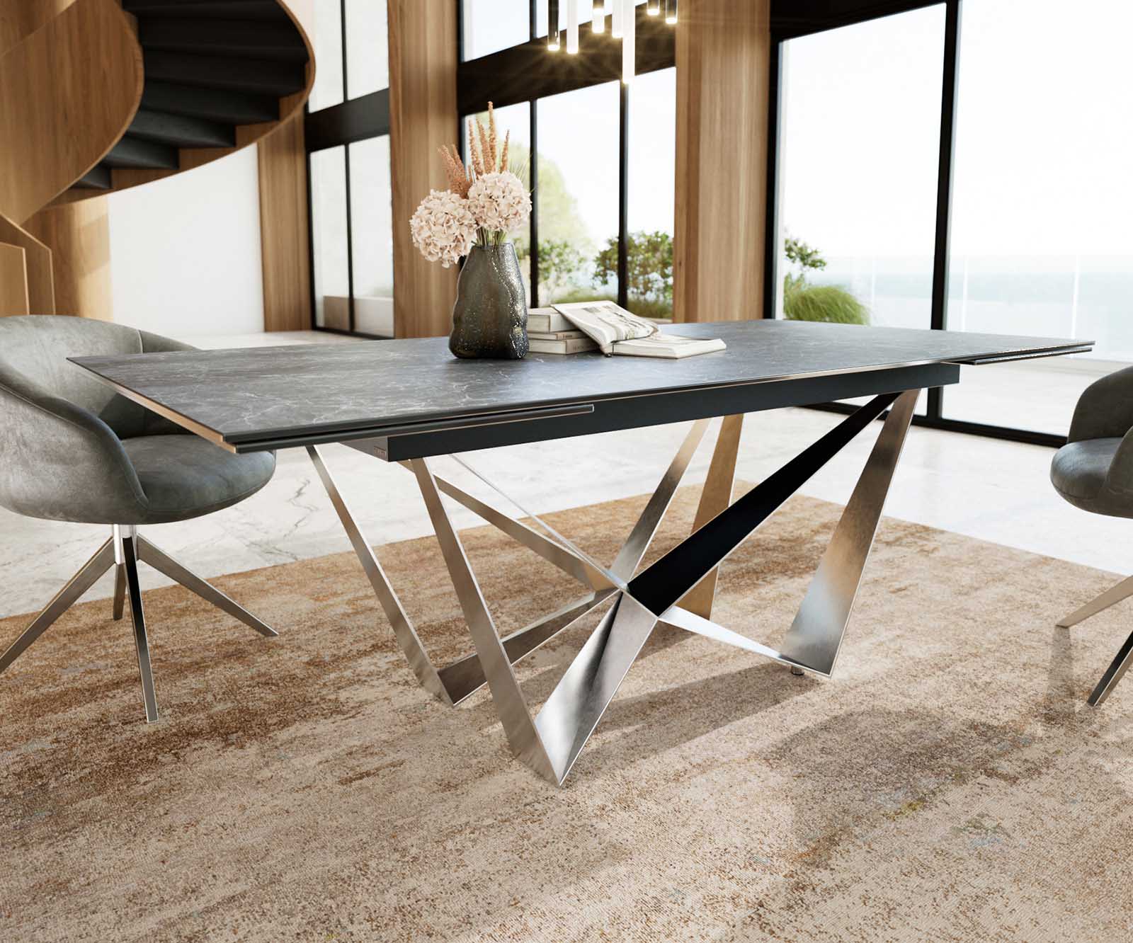 Esstisch Edge 200-300x100 Keramik Laminam®Nero Greco Anthrazit Spider Flachstahl Edelstahl ausziehbar 3 Esstisch Edge 200-300x100 Keramik Laminam®Nero Greco Anthrazit Spider Flachstahl Edelstahl ausziehbar 3