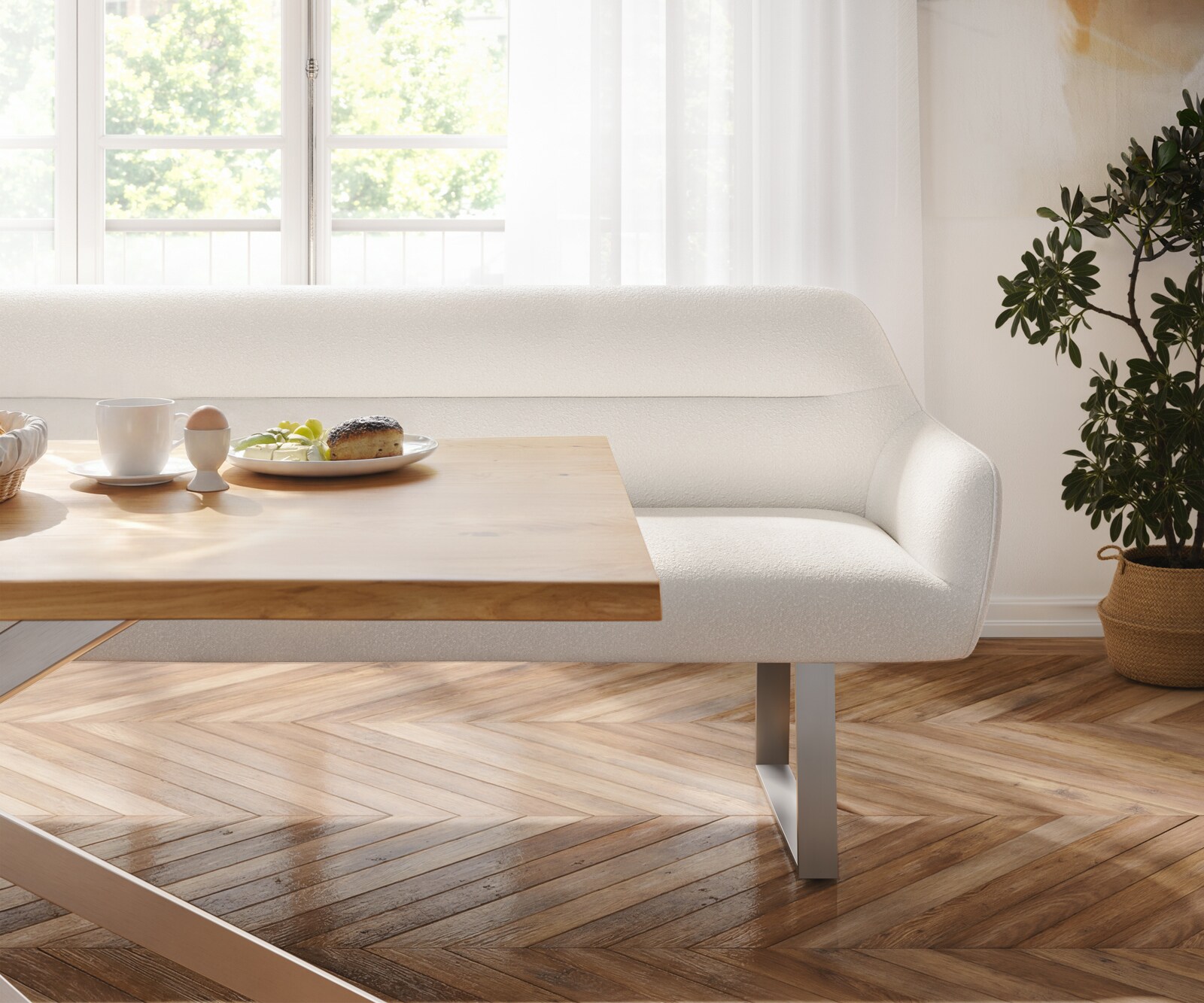 Esszimmerbank Taya-Flex 300 cm Bouclé Creme-Weiß Kufengestell kantig Edelstahl Taschenfederkern 3