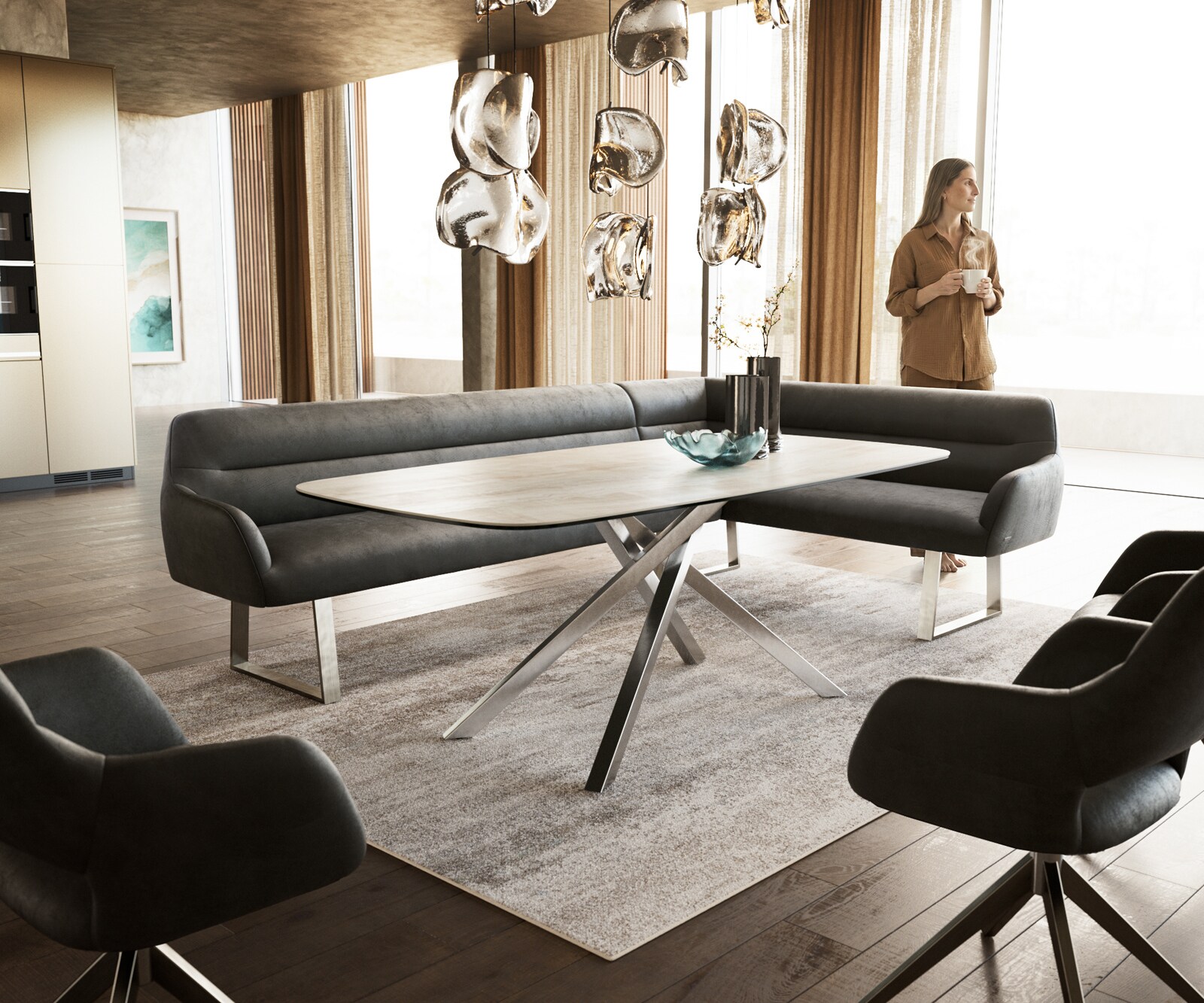 Esszimmerbank Taya-Flex 285x190 cm Mikrofaser Anthrazit Vintage Kufengestell kantig Edelstahl Taschenfederkern Links