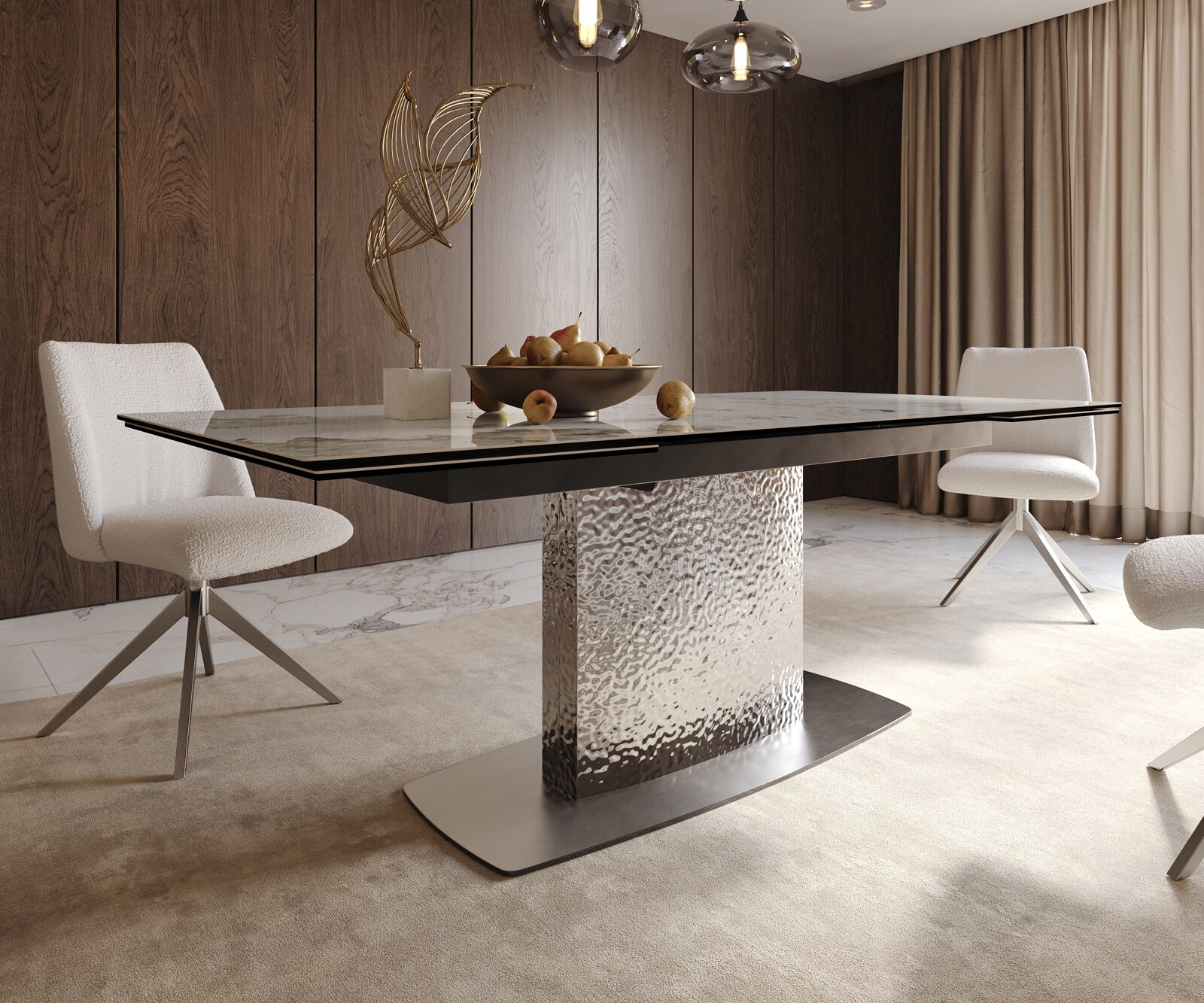 Table à manger Edge 200-300x100 céramique Minas mélange blanc-beige Wave acier inoxydable extensible 6