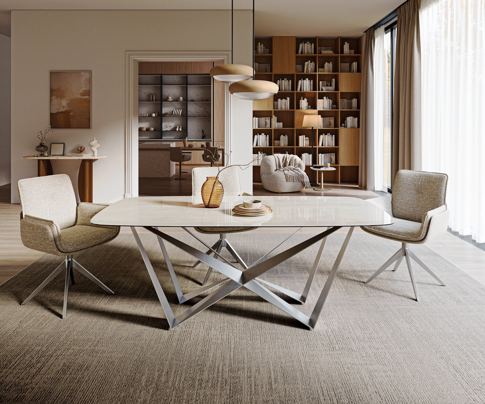 Esstisch Edge Boot 200x100 cm Keramik Onyx Champagne Spider Flachstahl Edelstahl Graphit 1