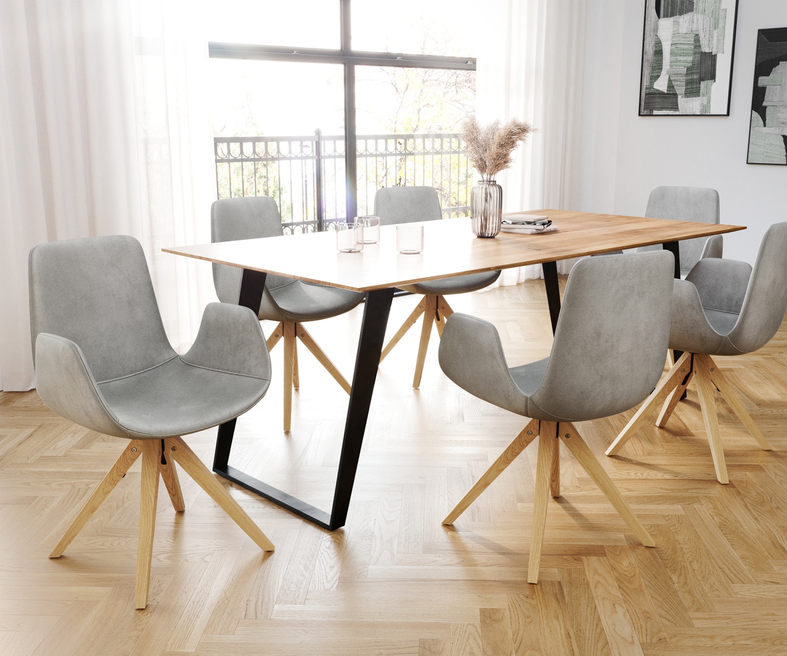 Chaise-de-salle-à-manger Ilia-Flex avec accoudoirs velours gris pied en bois conique naturel 3 Chaise-de-salle-à-manger Ilia-Flex avec accoudoirs velours gris pied en bois conique naturel 3