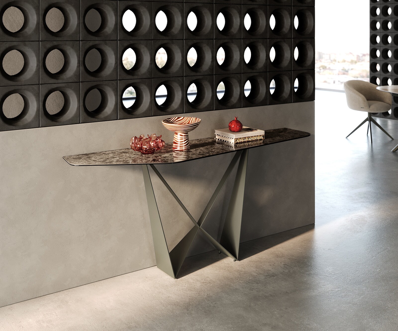 Console Edge Polygonal 180x50 cm Céramique Emperador Extra Lucidato Dunkelbraun Spios Métal Effektfinish Titan 3