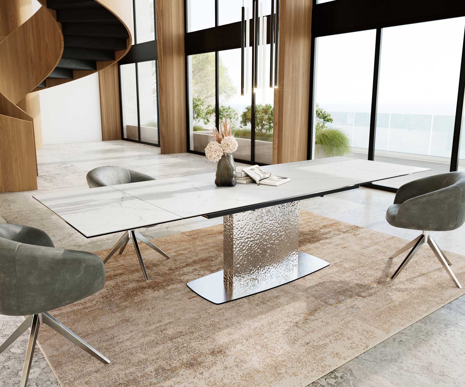 Esstisch Edge 200-300x100 Keramik Laminam®Statuarietto Weiß Wave Edelstahl ausziehbar 6 Esstisch Edge 200-300x100 Keramik Laminam®Statuarietto Weiß Wave Edelstahl ausziehbar 6