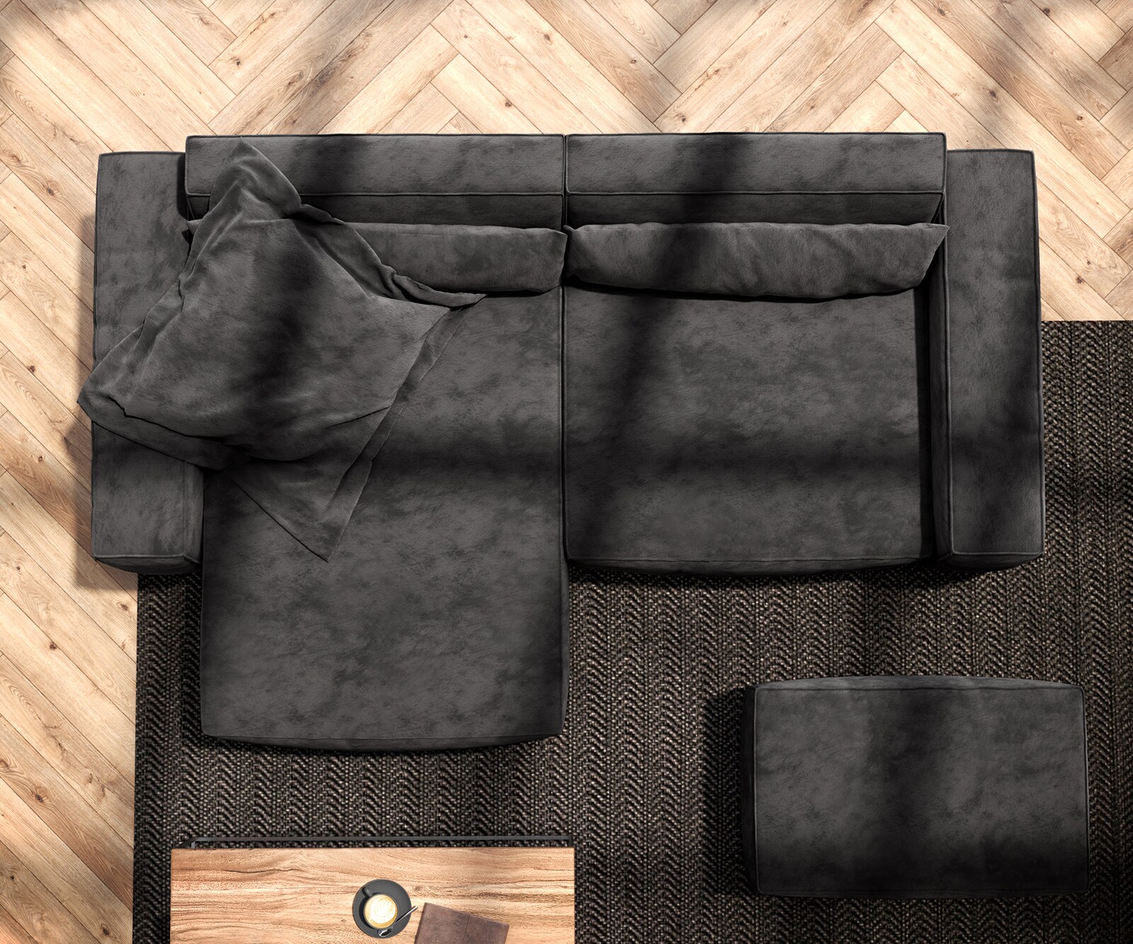 Canapé d'angle Sirpio 230x155 cm Microfibre Noir Recamiere variable avec Tabouret 5