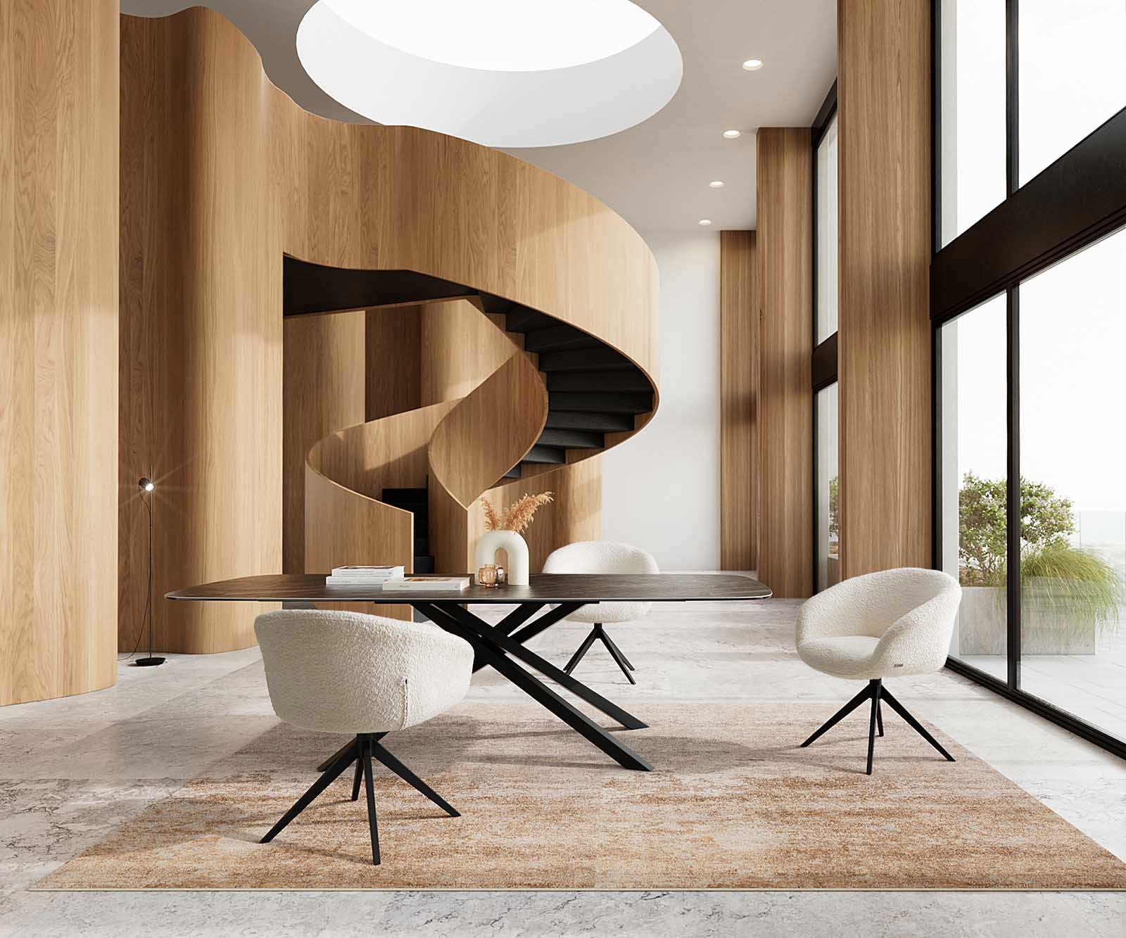 Drehstuhl Vinka-Flex mit Armlehnen Bouclé Weiß Kreuzgestell breit Schwarz 360° drehbar Taschenfederkern 6