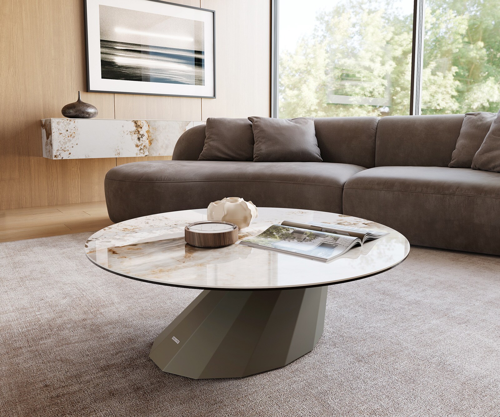 Table basse Edge rond 100x100 cm céramique Minas Melange Parabi Metall finition effet titane 1