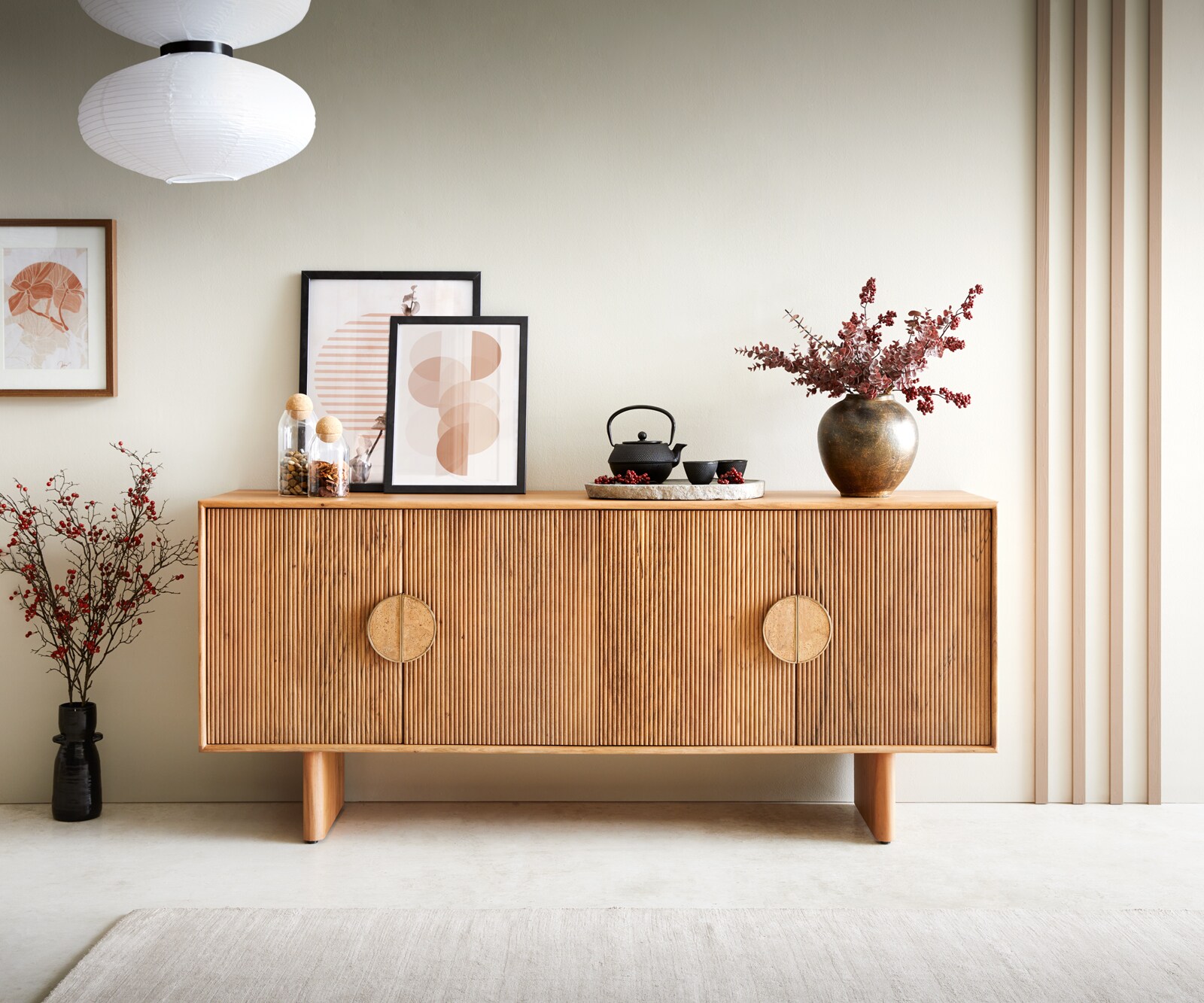 Sideboard Surimu 175 cm Akazie Hellbraun 4 Türen 2 Fächer Kork-Griff Holzfüße 1