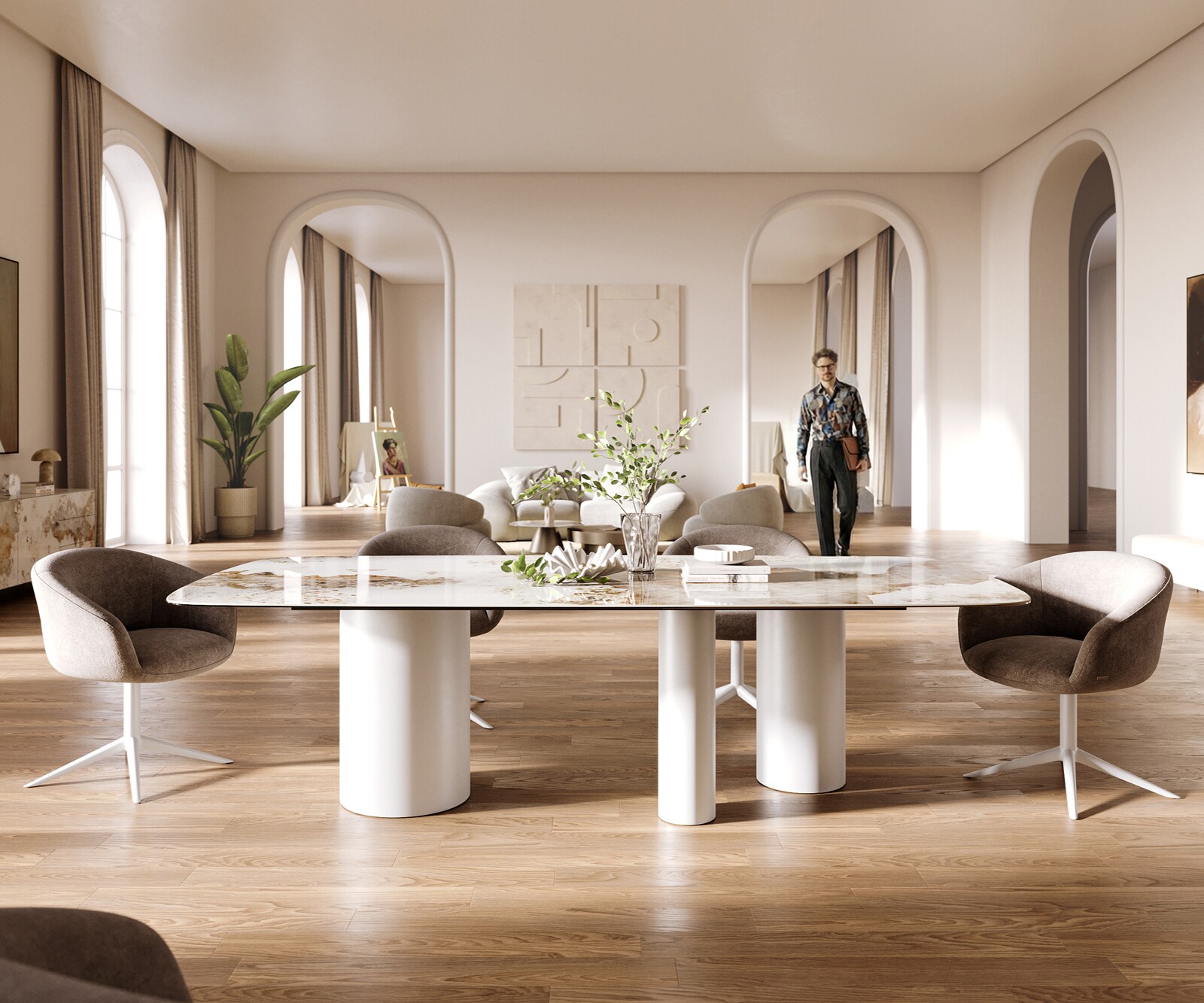 Esstisch Edge Boot 260x120 cm Keramik Minas Melange Weiß-Beige Troa Metall Weiß 1