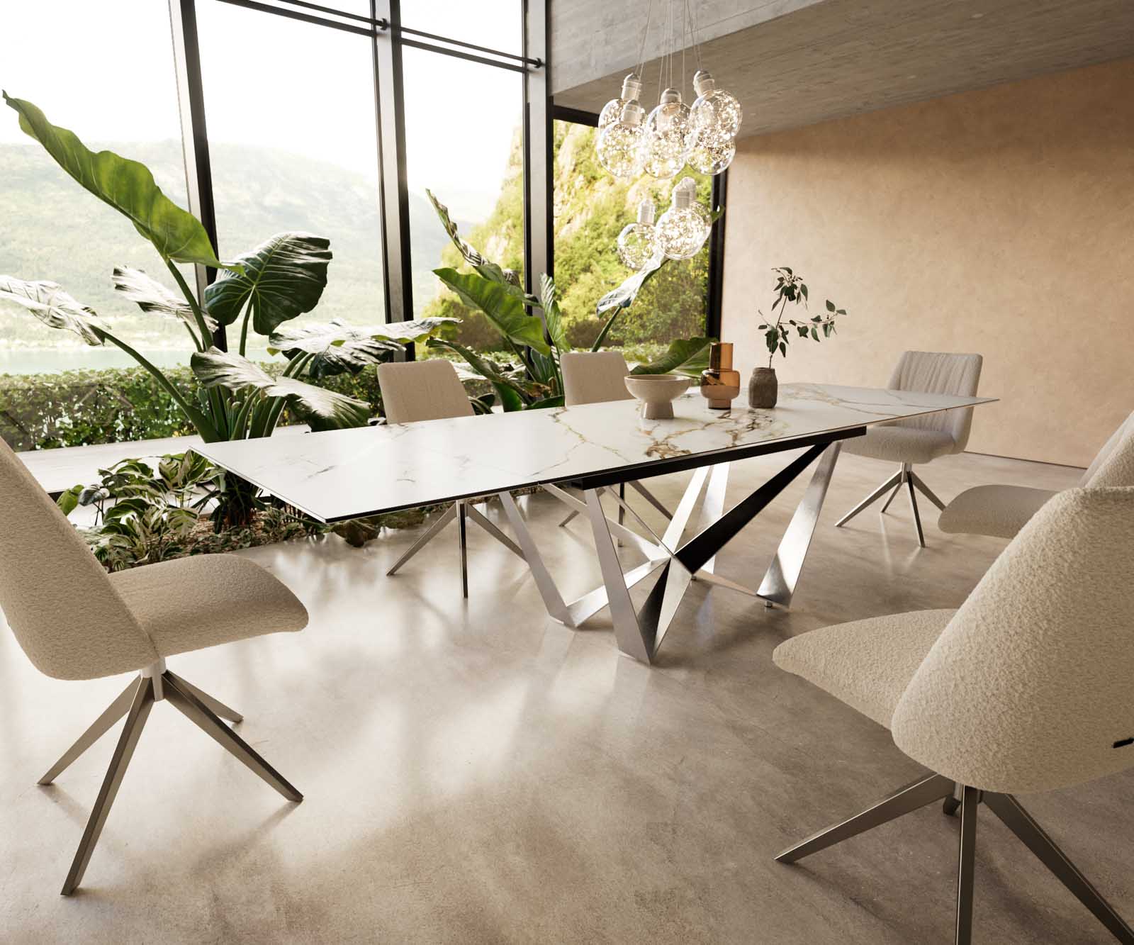 Esstisch Edge 200-300x100 Keramik Calacatta Luxe Weiß-Gold-Grau Spider Flachstahl Edelstahl ausziehbar