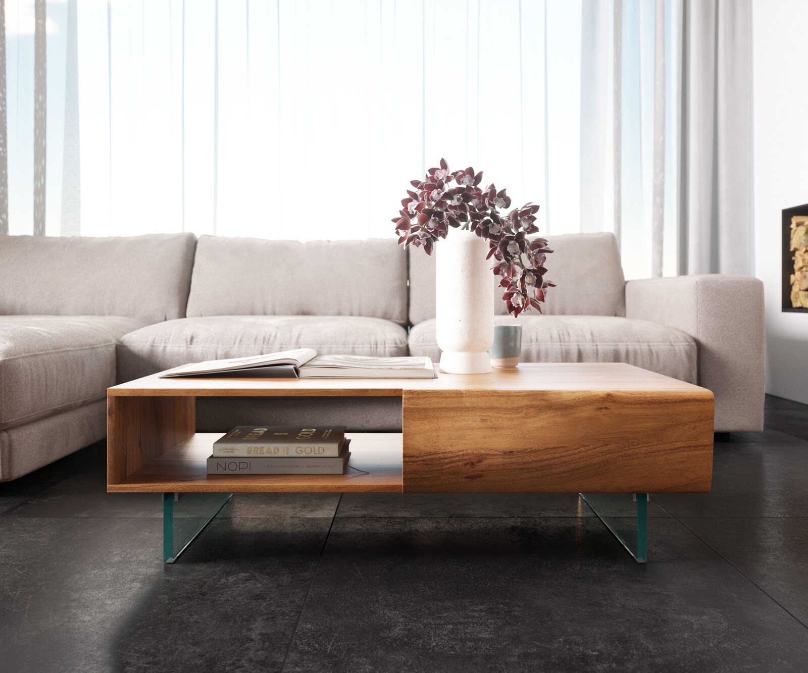 Couchtisch New Live-Edge 115x60 cm Akazie Natur 2 Schubladen 1 Fach Glasfuß schwebend 1