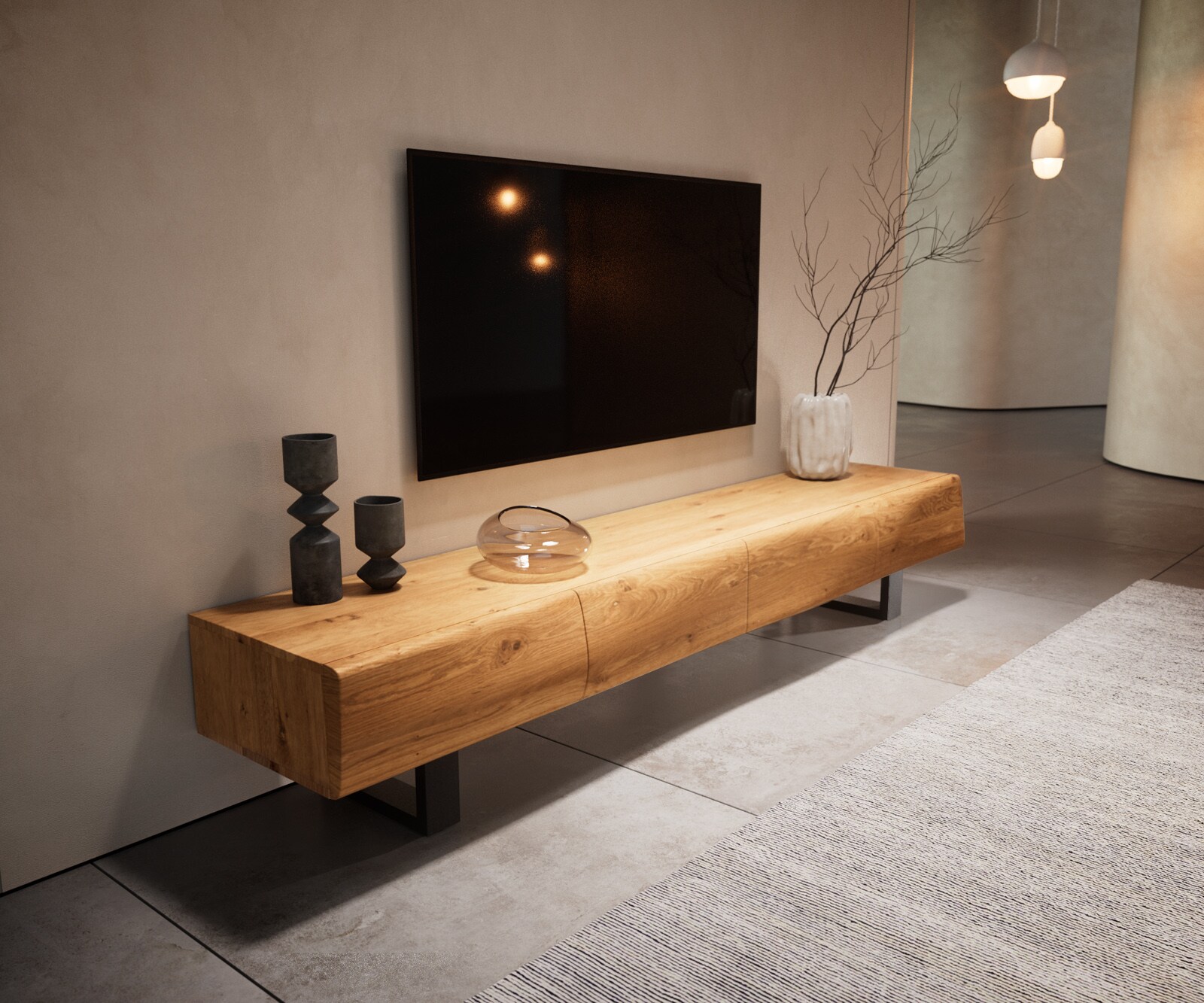 Meuble-TV New Live-Edge 200 cm chêne naturel 4 portes patins métal noir 3