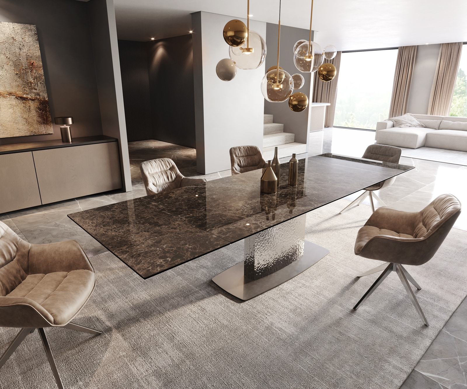 Esstisch Edge 200-300x100 Keramik Laminam® Emperador Extra Lucidato Dunkelbraun Wave Edelstahl ausziehbar