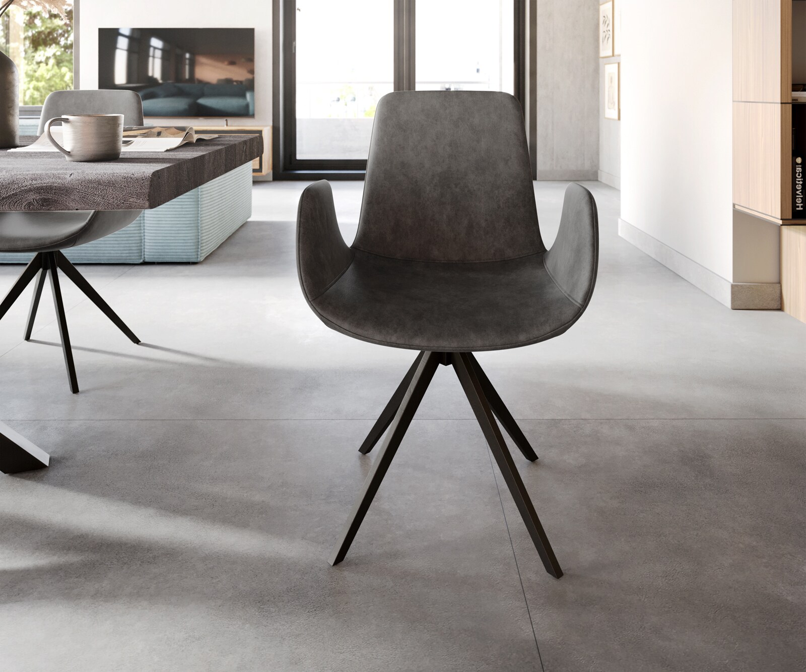 Esszimmerstuhl Ilia-Flex mit Armlehnen Mikrofaser Anthrazit Vintage Kreuzgestell kantig Schwarz 1 Esszimmerstuhl Ilia-Flex mit Armlehnen Mikrofaser Anthrazit Vintage Kreuzgestell kantig Schwarz 1