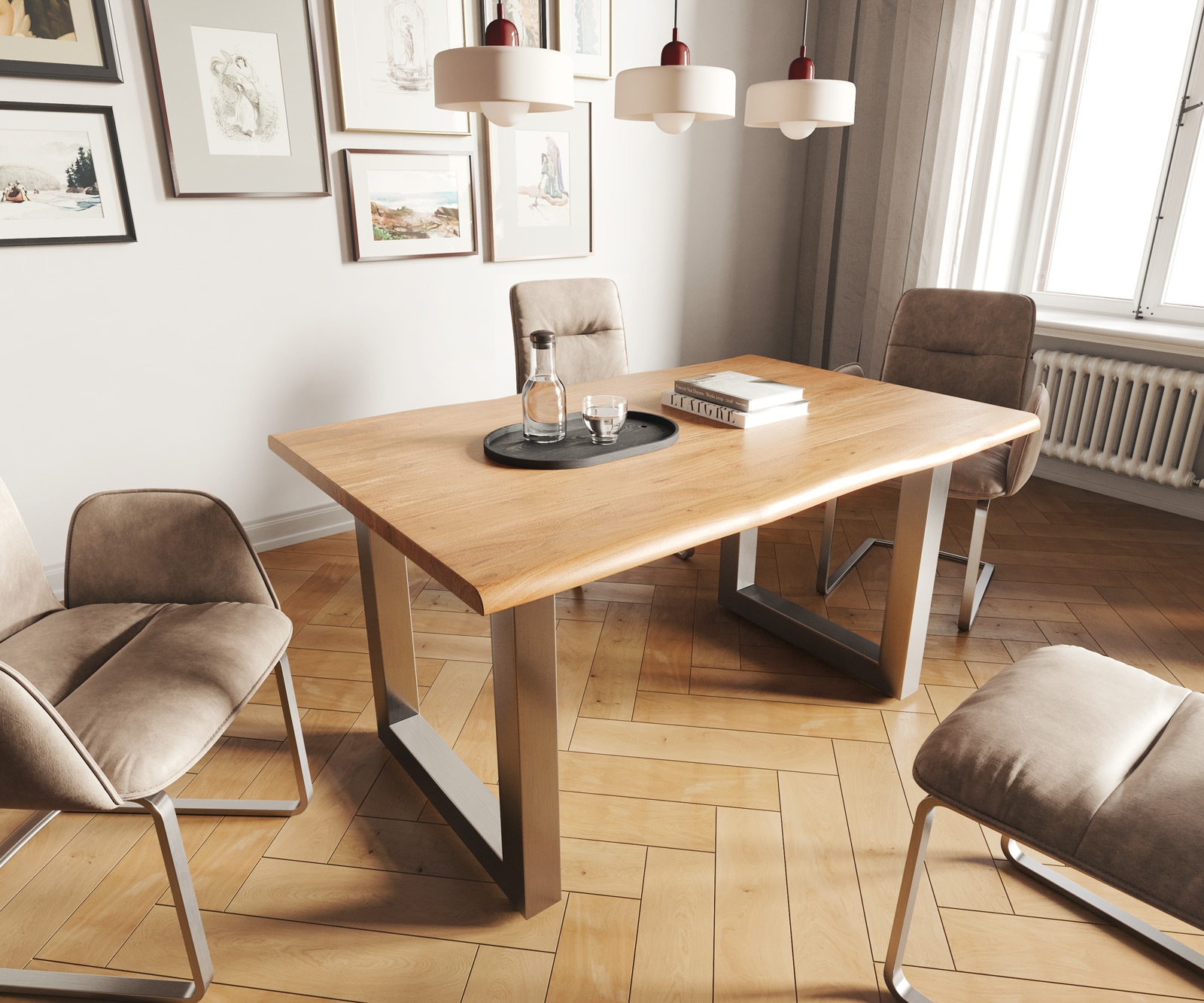 Esstisch Edge 140x90 Akazie Natur Edelstahl Breit Live-Edge Esstisch Edge 140x90 Akazie Natur Edelstahl Breit Live-Edge