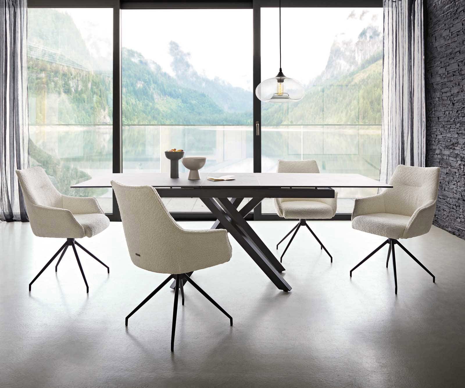 Drehstuhl Alja-Flex mit Armlehnen Bouclé Weiß Kreuzgestell konisch Schwarz 180° drehbar Taschenfederkern 4 Drehstuhl Alja-Flex mit Armlehnen Bouclé Weiß Kreuzgestell konisch Schwarz 180° drehbar Taschenfederkern 4