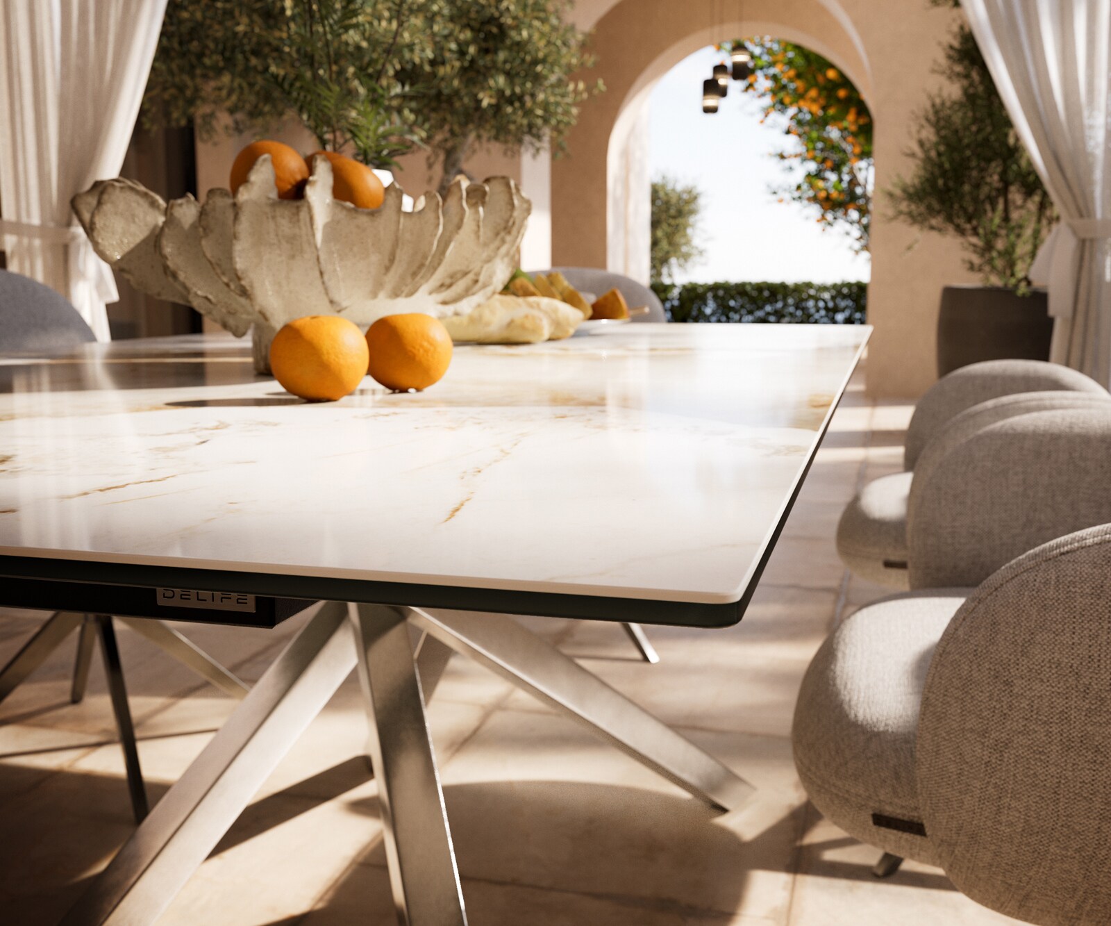 Table d’extérieur Edge 200x100 cm céramique Minas Melange blanc-beige piètement croisé rectangulaire en acier inoxydable 3