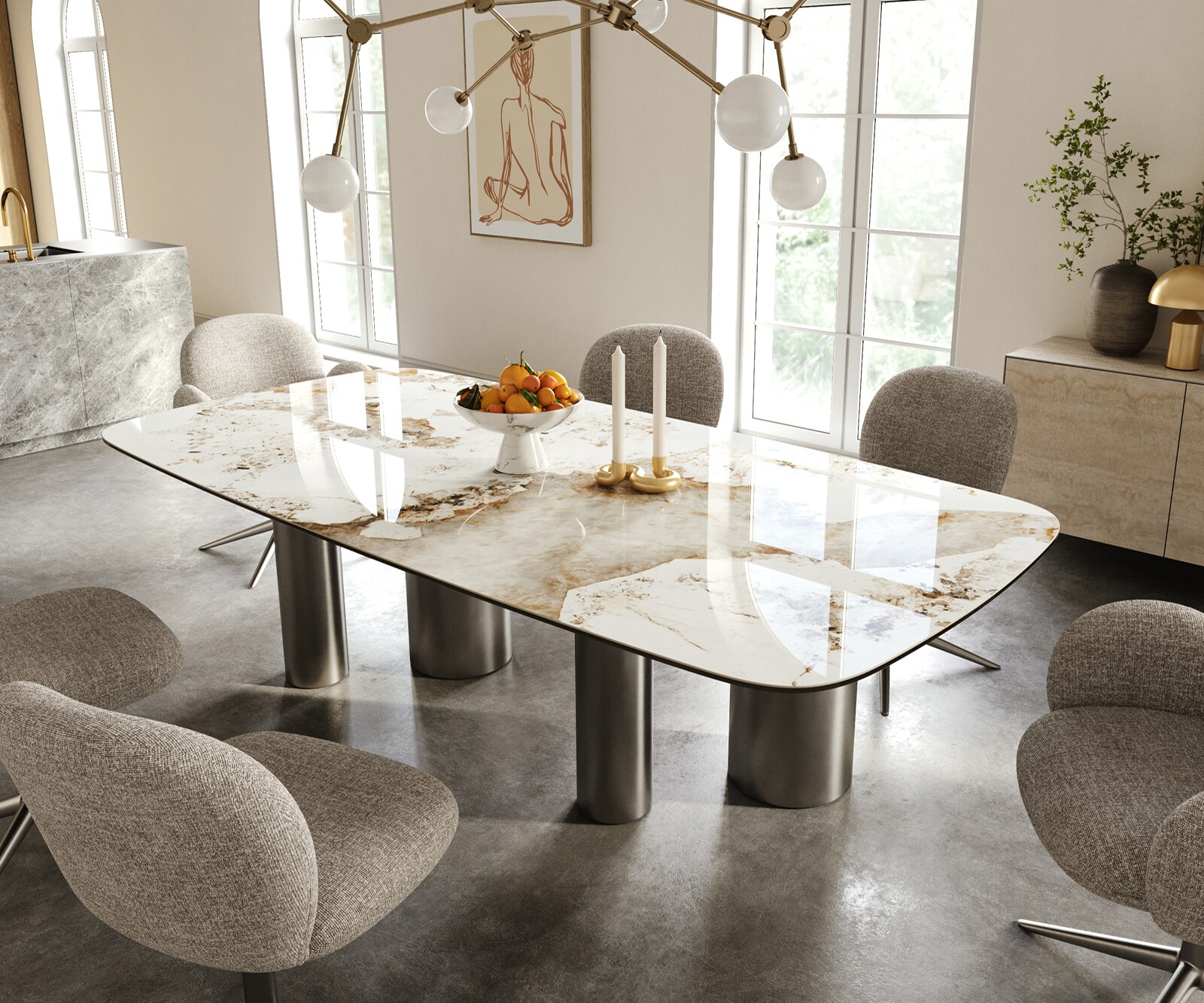 Table à manger Edge Boot 240x120 cm Céramique Minas Melange Blanc-Beige Pilier Acier inoxydable Graphite