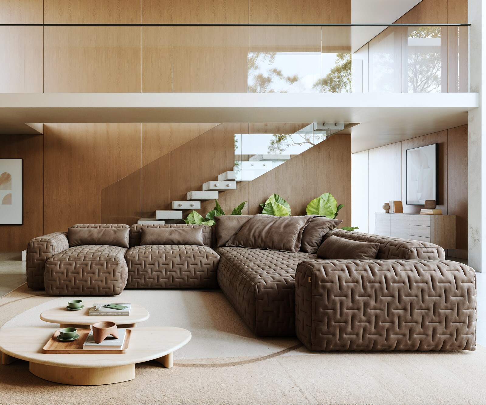 Wohnlandschaft Freestyle 360x290 cm Mikrofaser Taupe Vintage Gesteppt 1