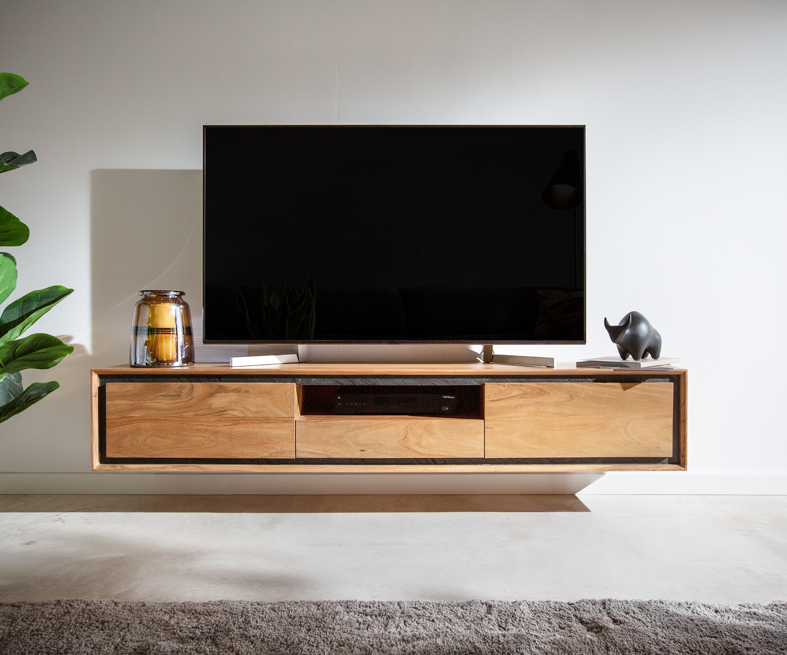 Lowboard Stonegrace 175 cm Akazie Natur 2 Türen 1 Fach 1 Schublade Steinfurnier schwebend 2