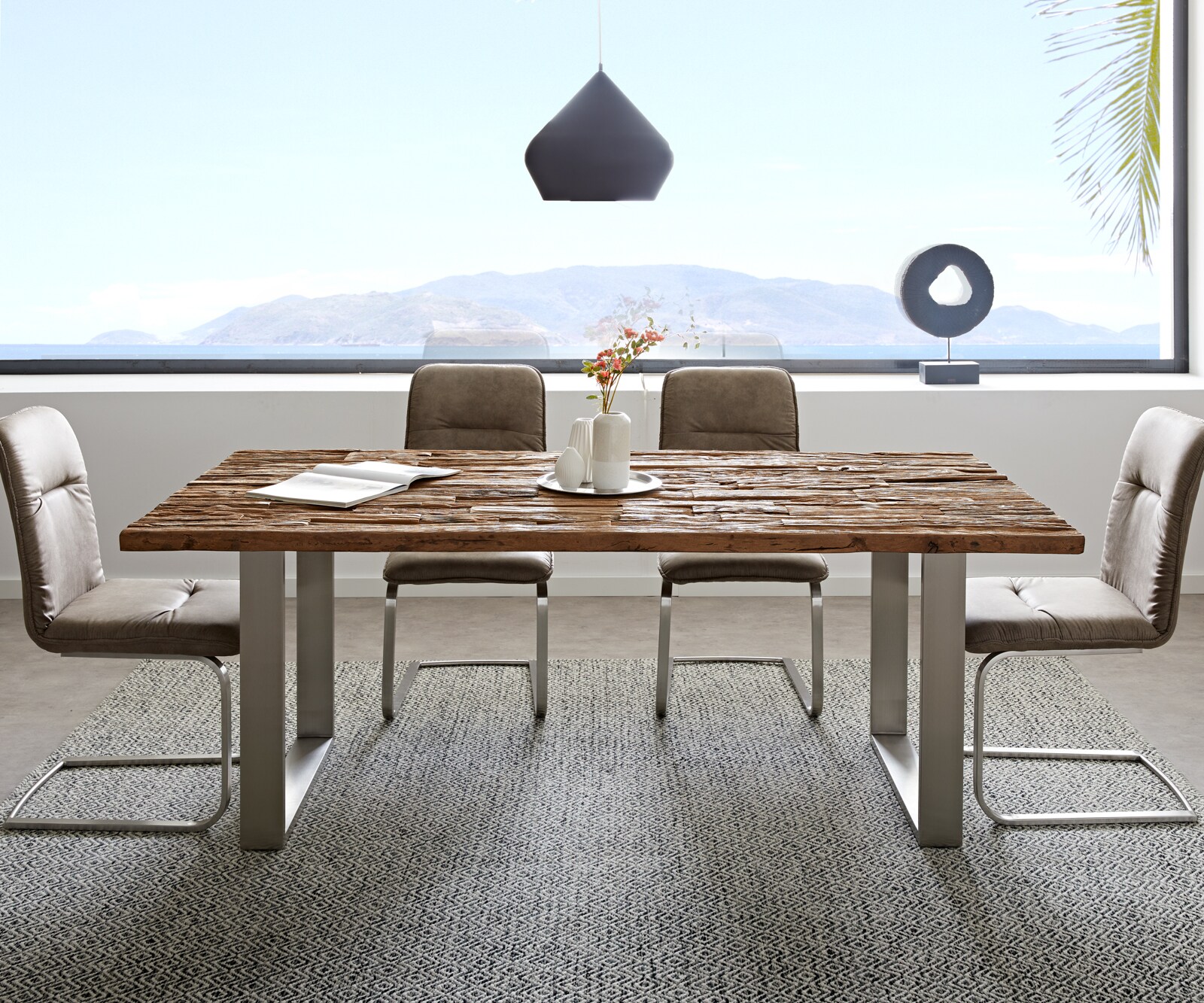 Table-à-manger Reclaimed 200x100 cm aspect vintage acier inoxydable étroit 2