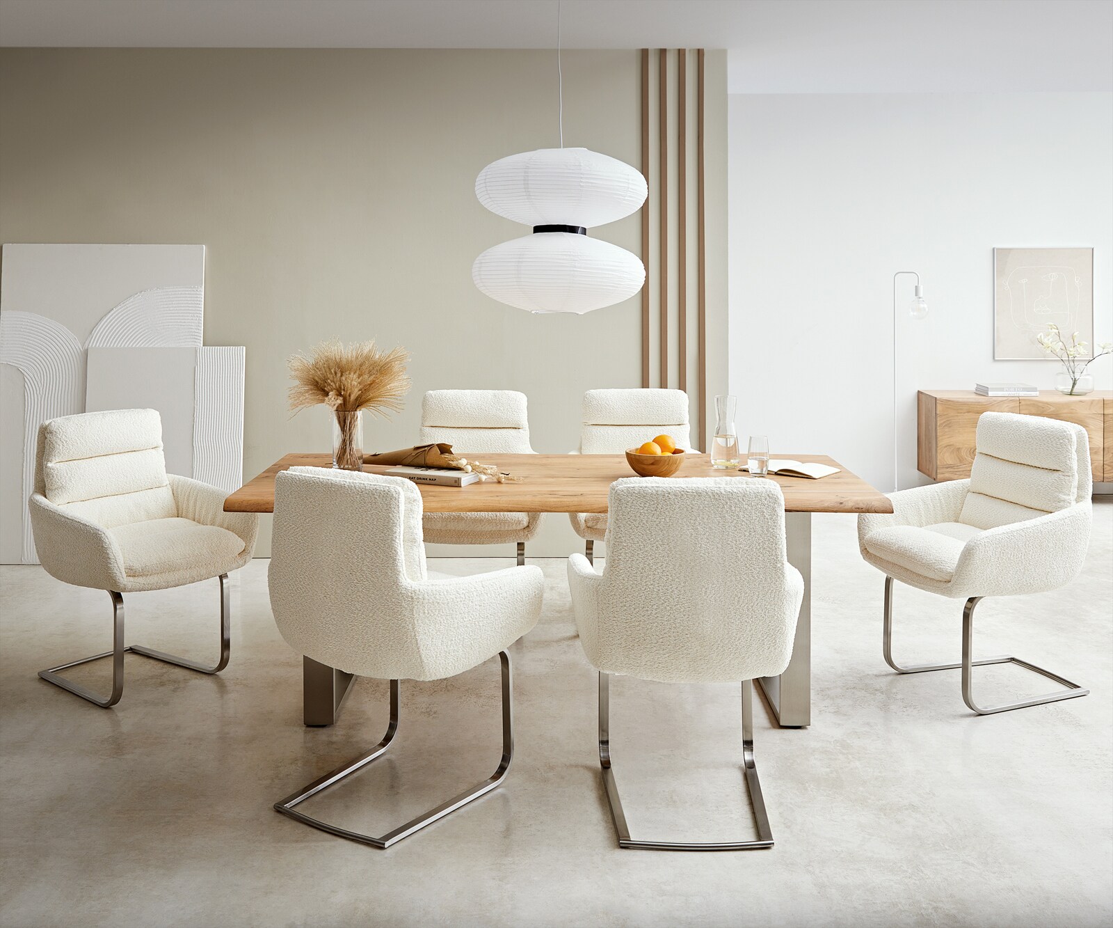 Cantilever Abelia-Flex avec accoudoirs bouclé blanc pied cantilever plat acier inoxydable brossé 3