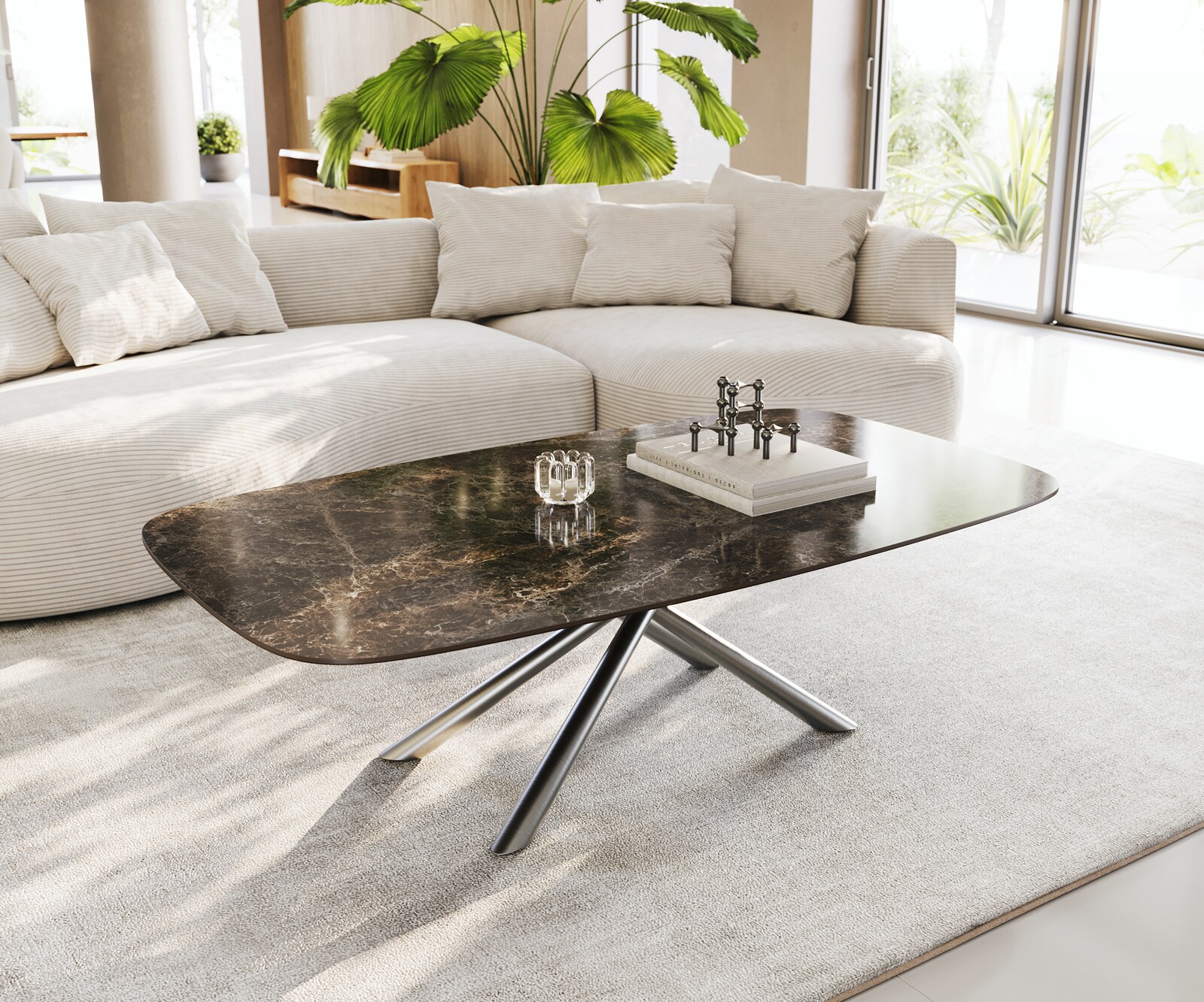 Couchtisch Edge Boot 140x80 cm Keramik Laminam® Emperador Extra Lucidato Dunkelbraun Sarity Edelstahl gebürstet