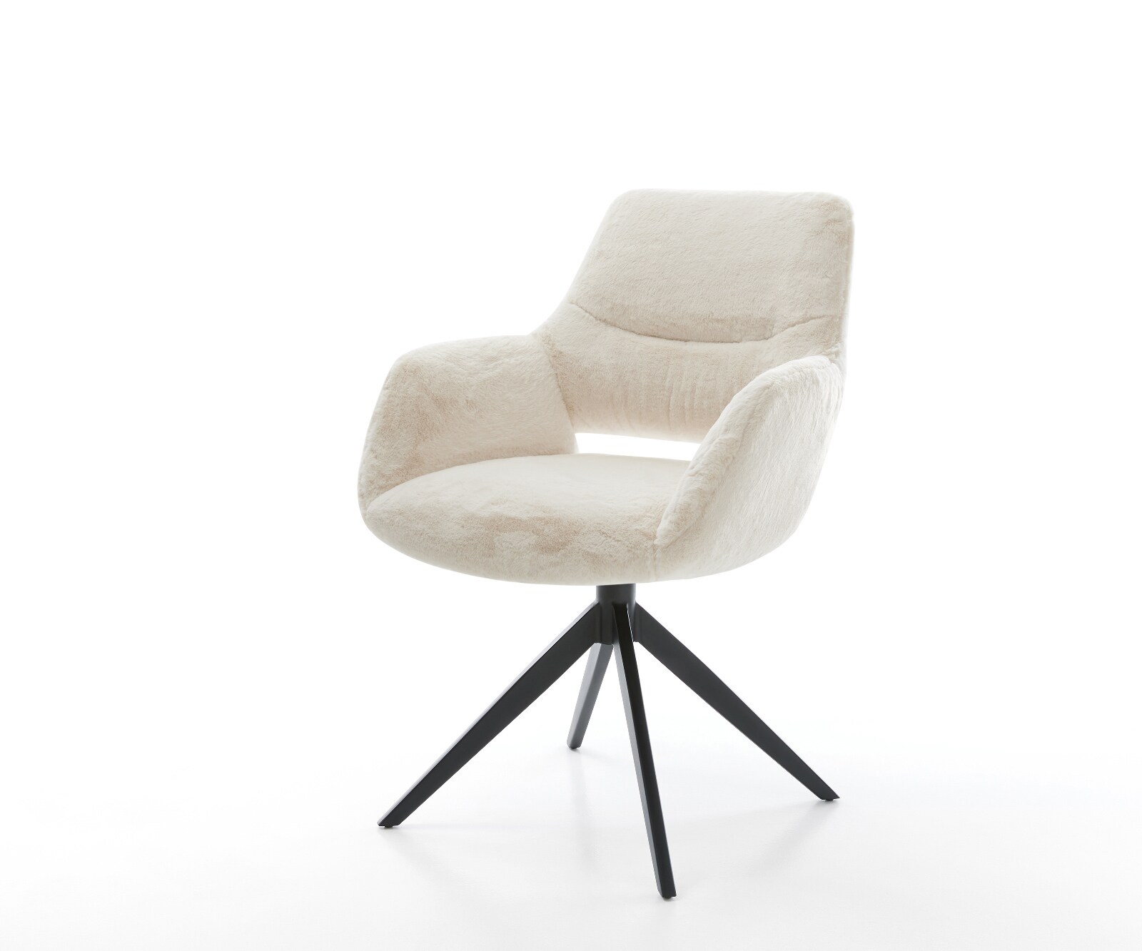 Chaise-pivotante Yago-Flex avec accoudoirs peluche crème-blanc pied croisé large noir pivotement sur 360° fonction bascule resorts ensachés