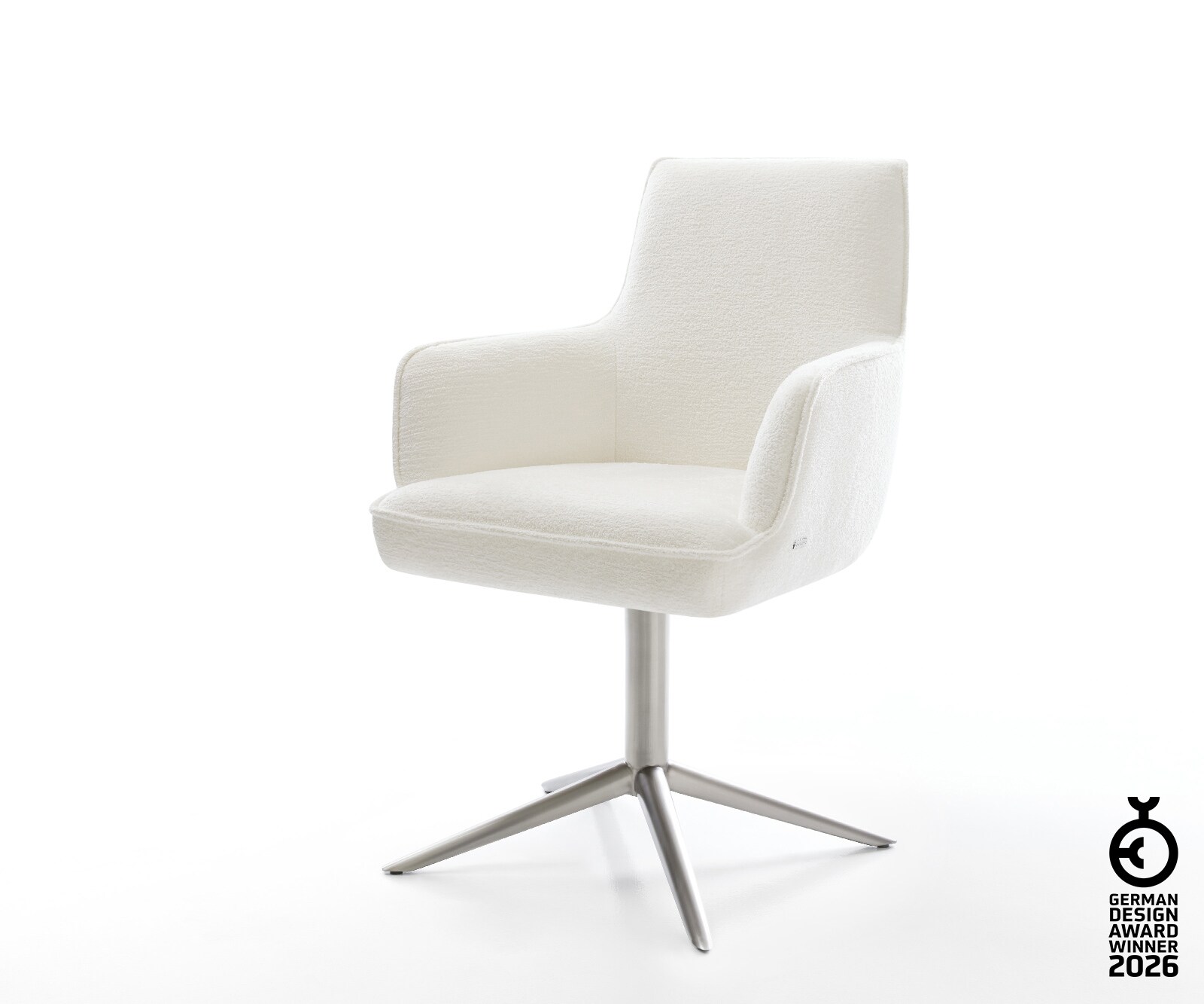Drehstuhl Heira-Flex mit Armlehnen Bouclé Soft Beige Fußkreuz Edelstahl 360° drehbar Wippfunktion Taschenfederkern 1