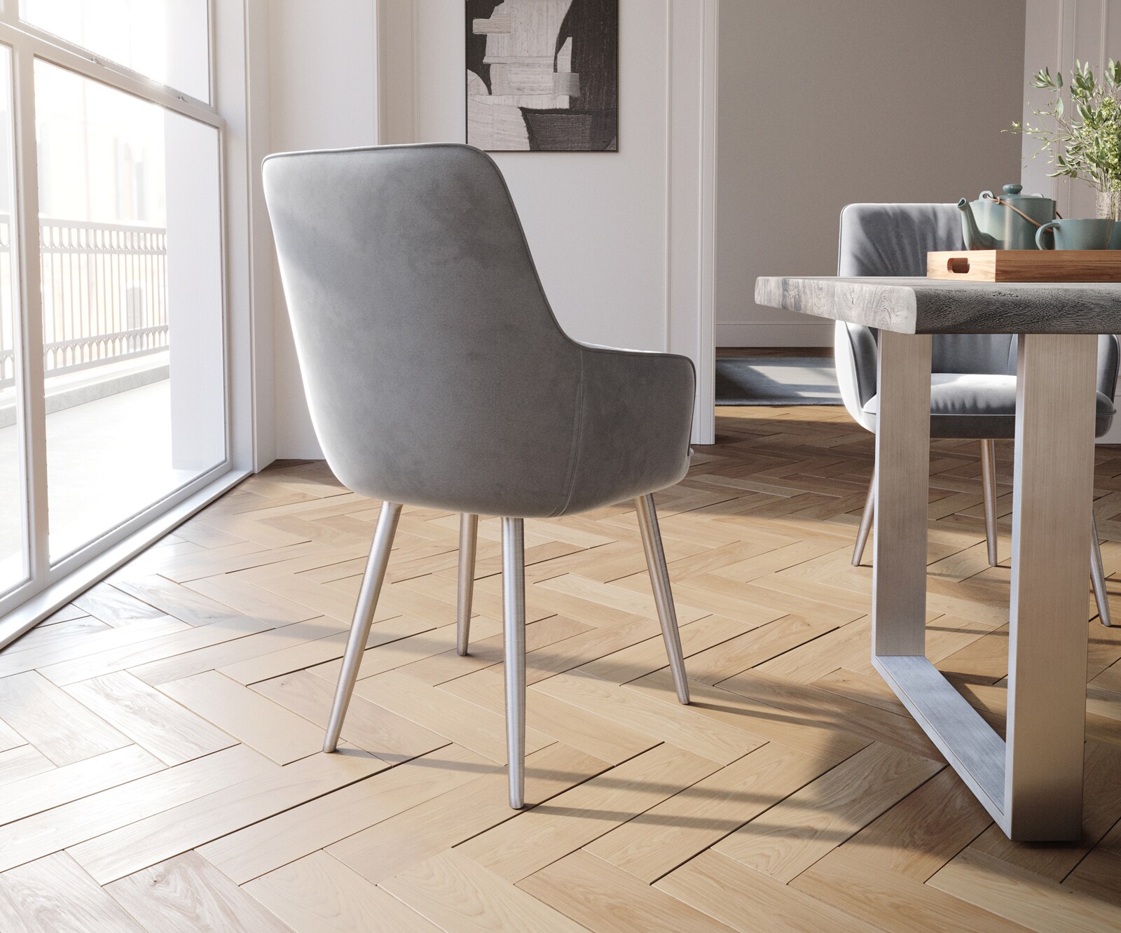 Chaise-de-salle-à-manger Zelia-Flex avec accoudoirs velours gris 4 pieds coniques acier inoxydable brossé ressorts ensachés 5