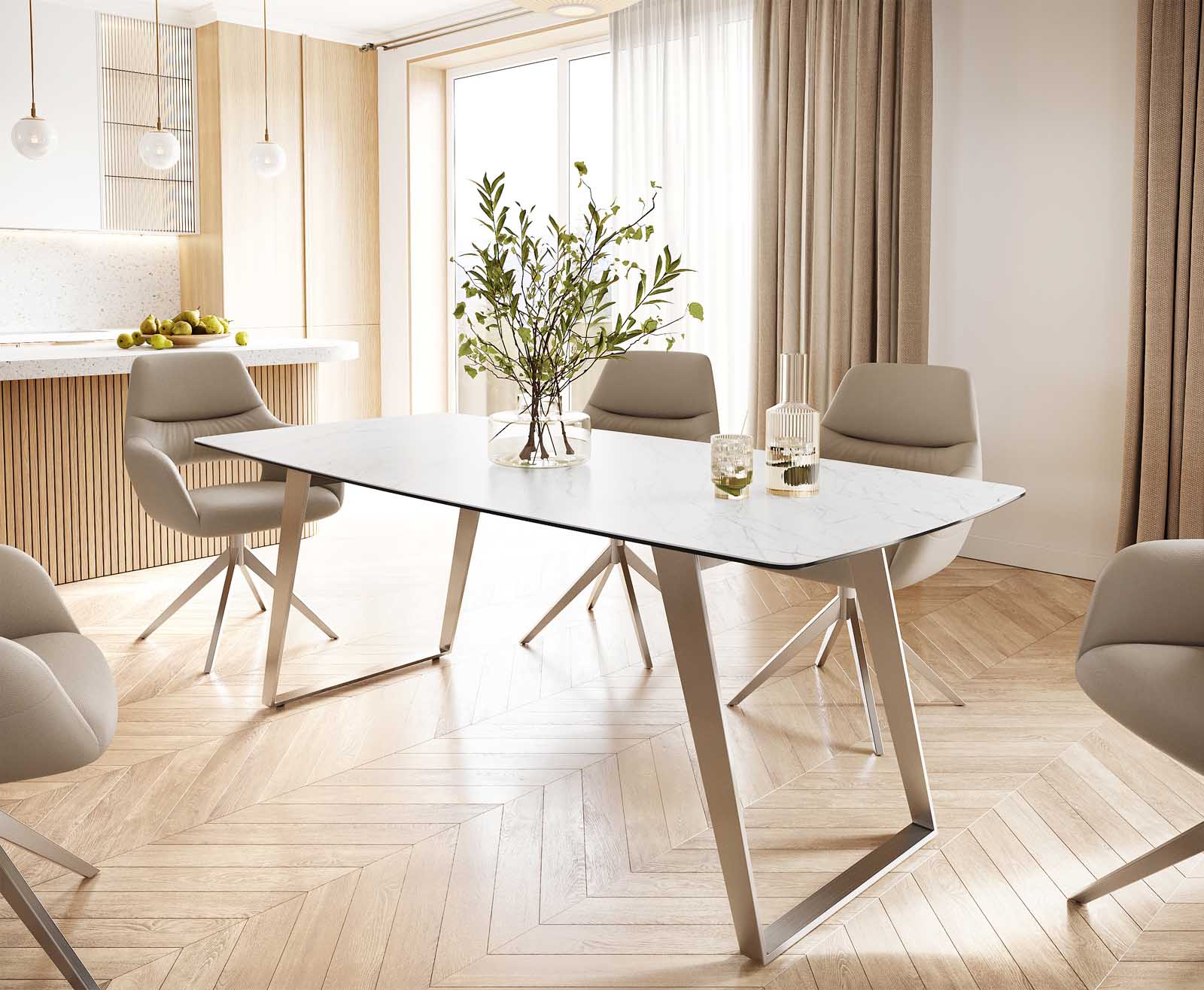 Table-à-manger Edge forme Boot 200x100 céramique Laminam® statuarietto blanc inox incliné Table-à-manger Edge forme Boot 200x100 céramique Laminam® statuarietto blanc inox incliné