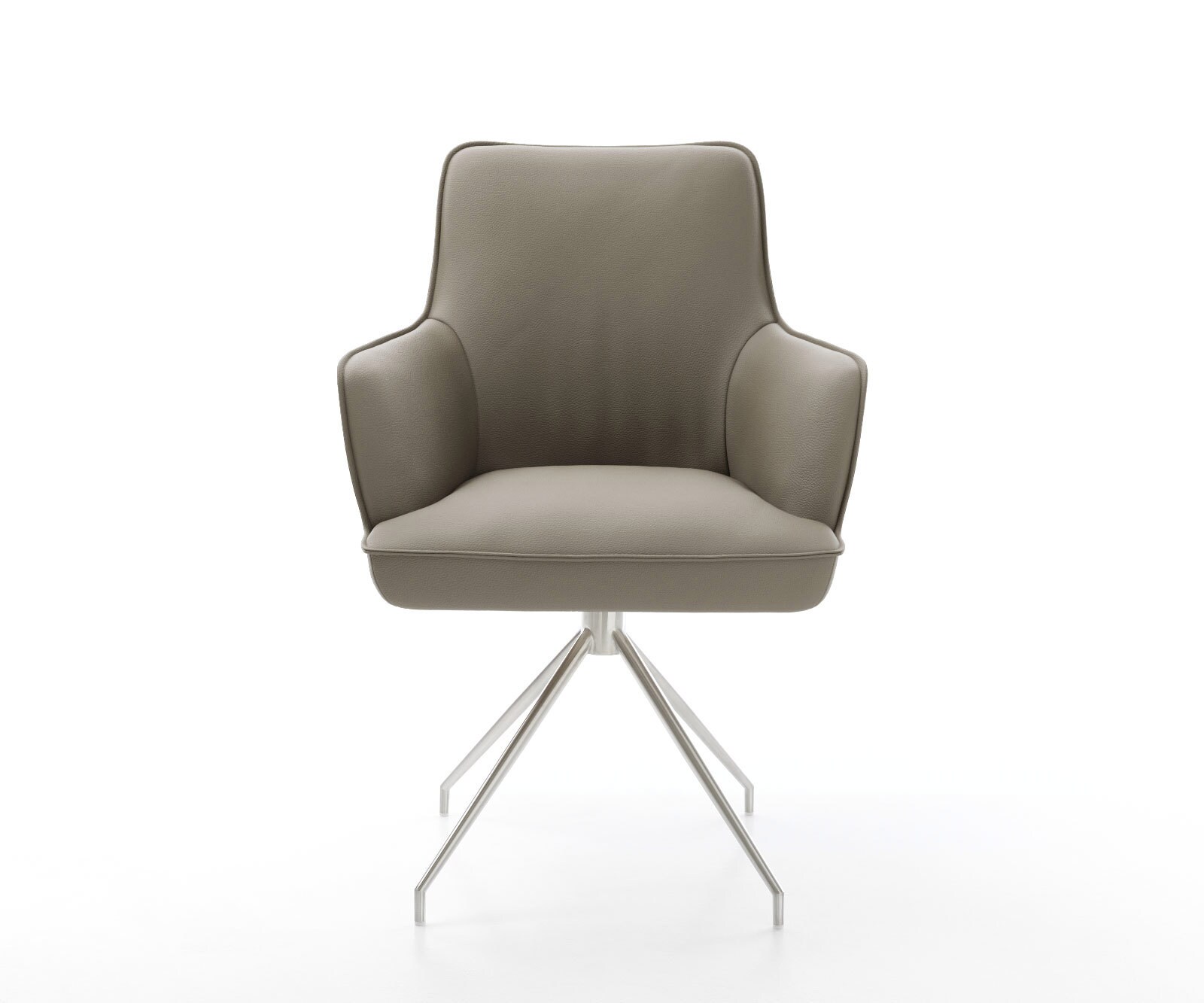 Chaise-pivotante Heira-Flex avec accoudoirs cuir de vache couleur boue pied croisé conique acier inoxydable brossé pivotement sur 180° ressorts ensachés 2