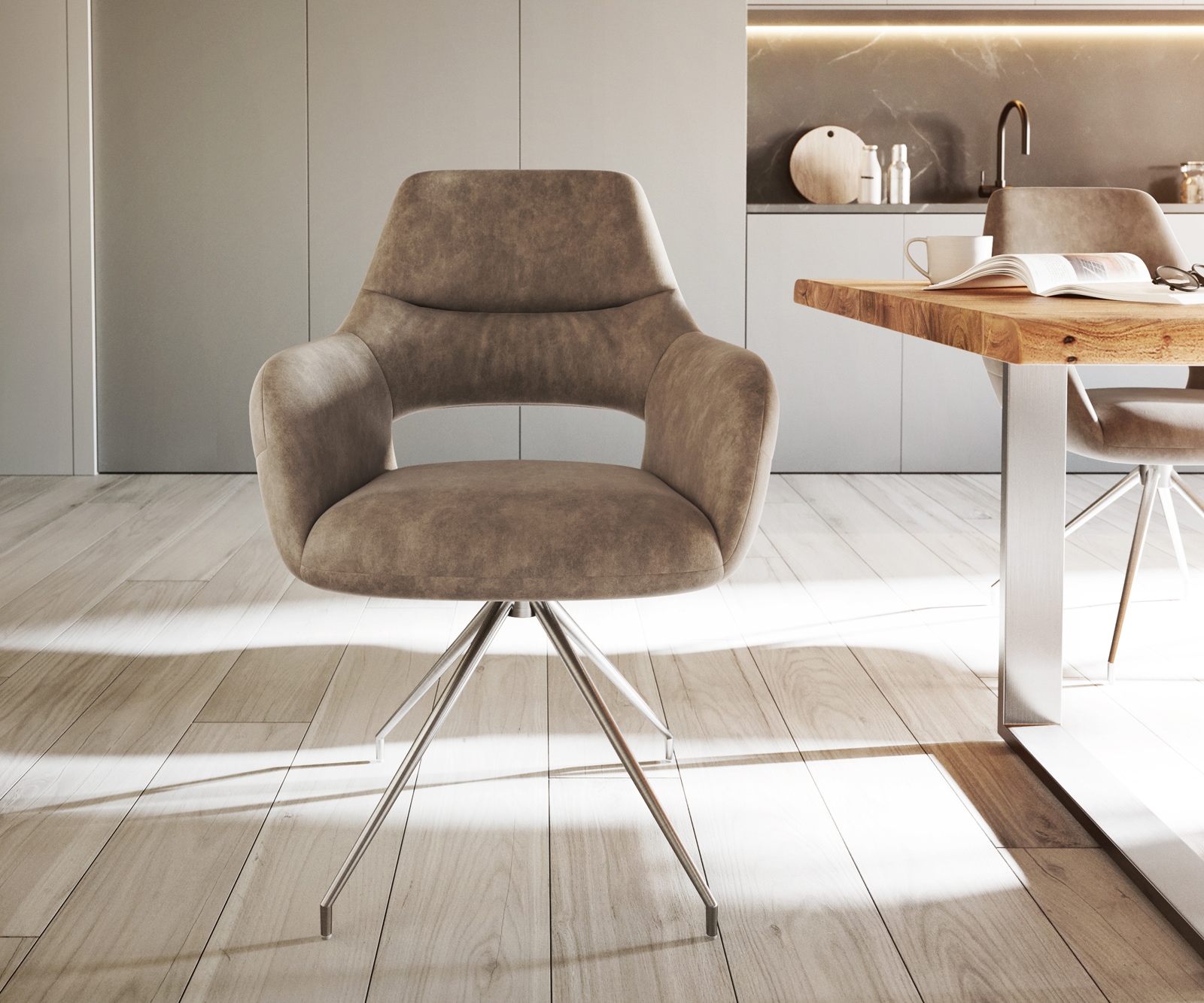 Esszimmerstuhl Yago-Flex mit Armlehnen Mikrofaser Taupe Vintage Kreuzgestell konisch Edelstahl Taschenfederkern 2 Esszimmerstuhl Yago-Flex mit Armlehnen Mikrofaser Taupe Vintage Kreuzgestell konisch Edelstahl Taschenfederkern 2