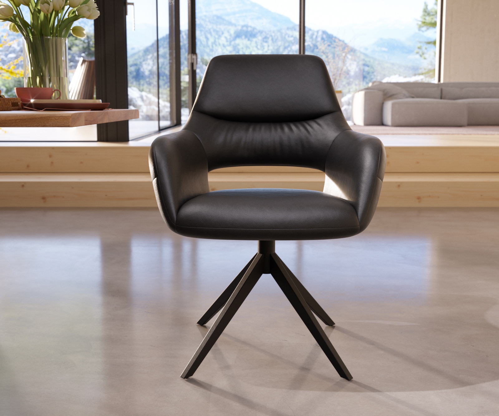 Esszimmerstuhl Yago-Flex mit Armlehnen Echt-Leder Schwarz Kreuzgestell breit Schwarz Taschenfederkern 1 Esszimmerstuhl Yago-Flex mit Armlehnen Echt-Leder Schwarz Kreuzgestell breit Schwarz Taschenfederkern 1