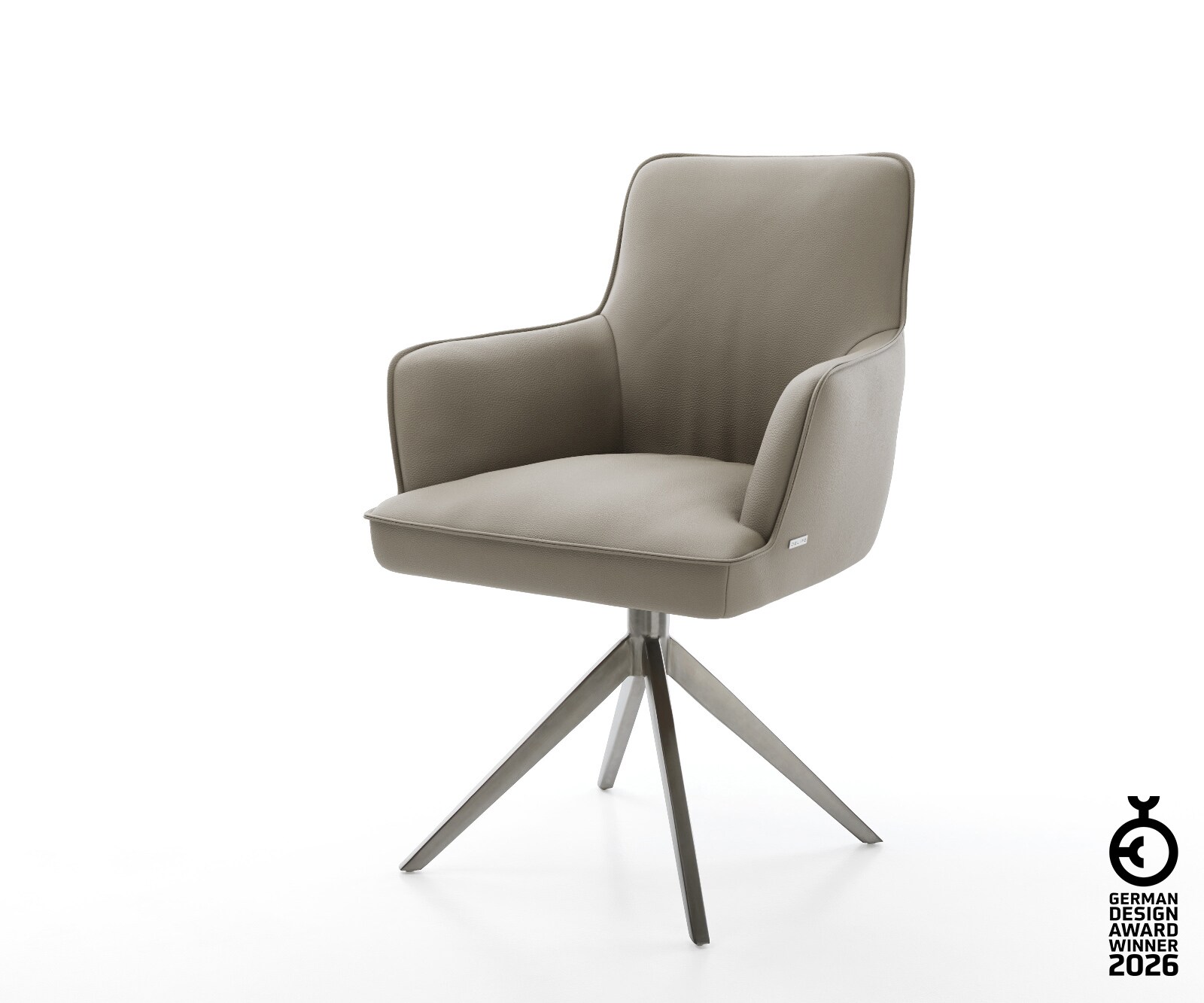Chaise-pivotante Heira-Flex avec accoudoirs cuir de vache couleur boue pied croisé large grafiete pivotement sur 360° fonction bascule ressorts ensachés